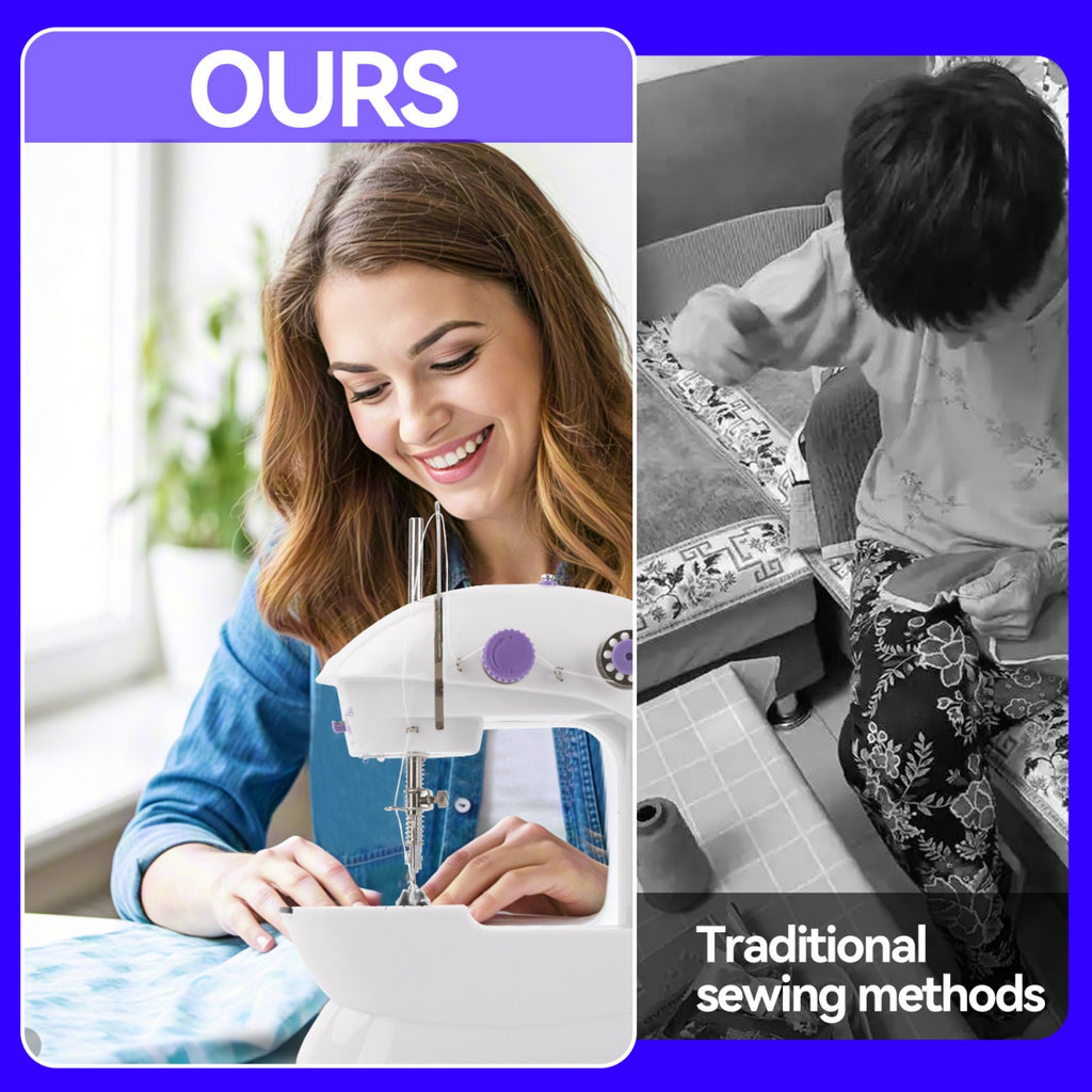 IAGREEA Electric sewing machine, portable, mechanical, convenient, 6V, 1A, 1 with thread shuttle core, 1 with empty shuttle core, 1 spare needle, and 1 threading device, can be plugged in and used with a battery of 4 AA, with pedal, for household use