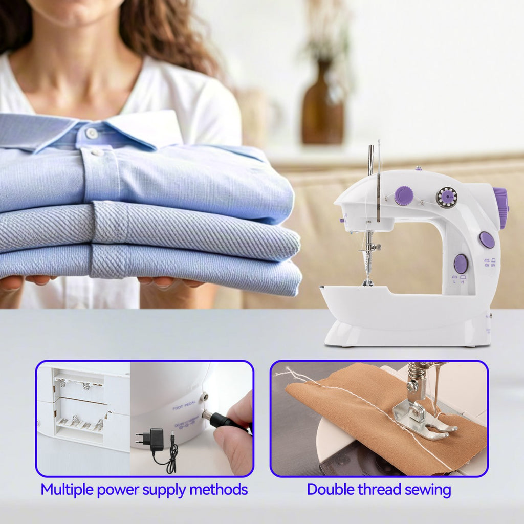 IAGREEA Electric sewing machine, portable, mechanical, convenient, 6V, 1A, 1 with thread shuttle core, 1 with empty shuttle core, 1 spare needle, and 1 threading device, can be plugged in and used with a battery of 4 AA, with pedal, for household use