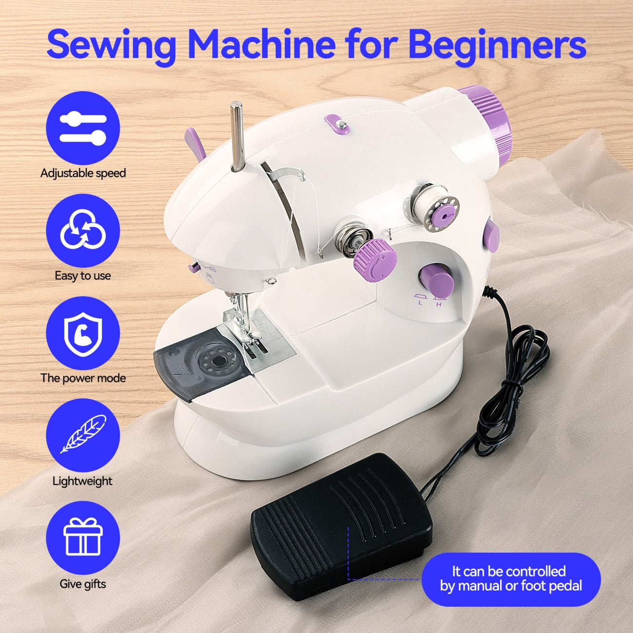 IAGREEA Electric sewing machine, portable, mechanical, convenient, 6V, 1A, 1 with thread shuttle core, 1 with empty shuttle core, 1 spare needle, and 1 threading device, can be plugged in and used with a battery of 4 AA, with pedal, for household use