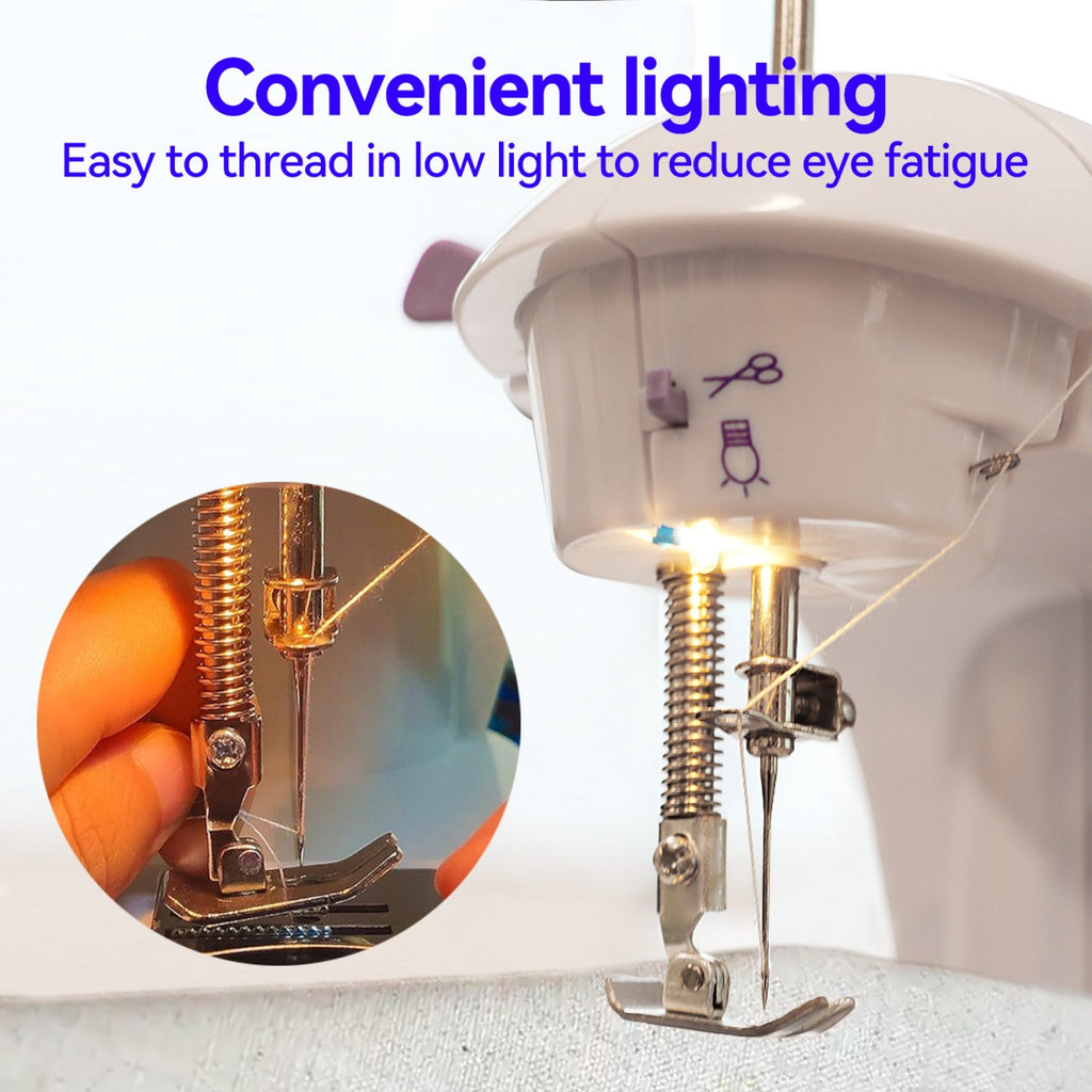 IAGREEA Electric sewing machine, portable, mechanical, convenient, 6V, 1A, 1 with thread shuttle core, 1 with empty shuttle core, 1 spare needle, and 1 threading device, can be plugged in and used with a battery of 4 AA, with pedal, for household use