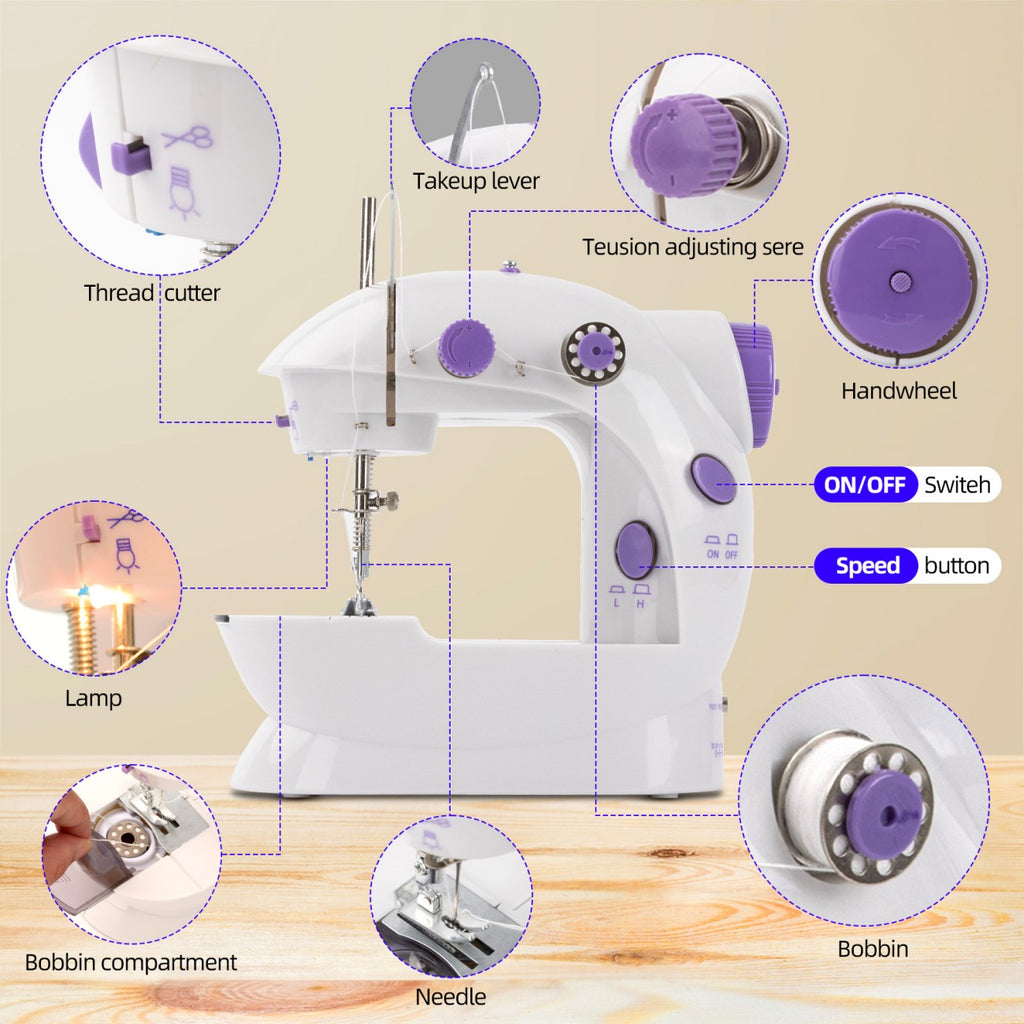 IAGREEA Electric sewing machine, portable, mechanical, convenient, 6V, 1A, 1 with thread shuttle core, 1 with empty shuttle core, 1 spare needle, and 1 threading device, can be plugged in and used with a battery of 4 AA, with pedal, for household use