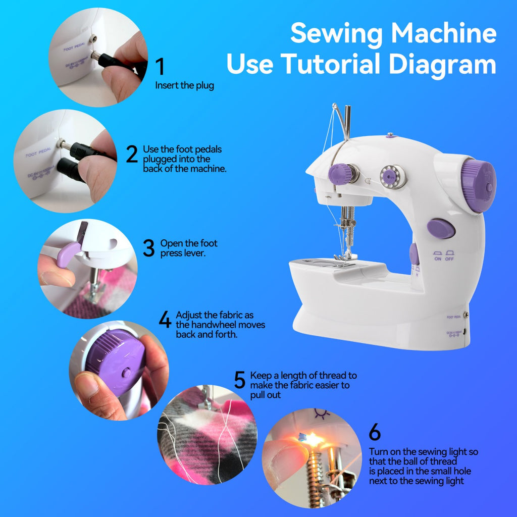 IAGREEA Electric sewing machine, portable, mechanical, convenient, 6V, 1A, 1 with thread shuttle core, 1 with empty shuttle core, 1 spare needle, and 1 threading device, can be plugged in and used with a battery of 4 AA, with pedal, for household use