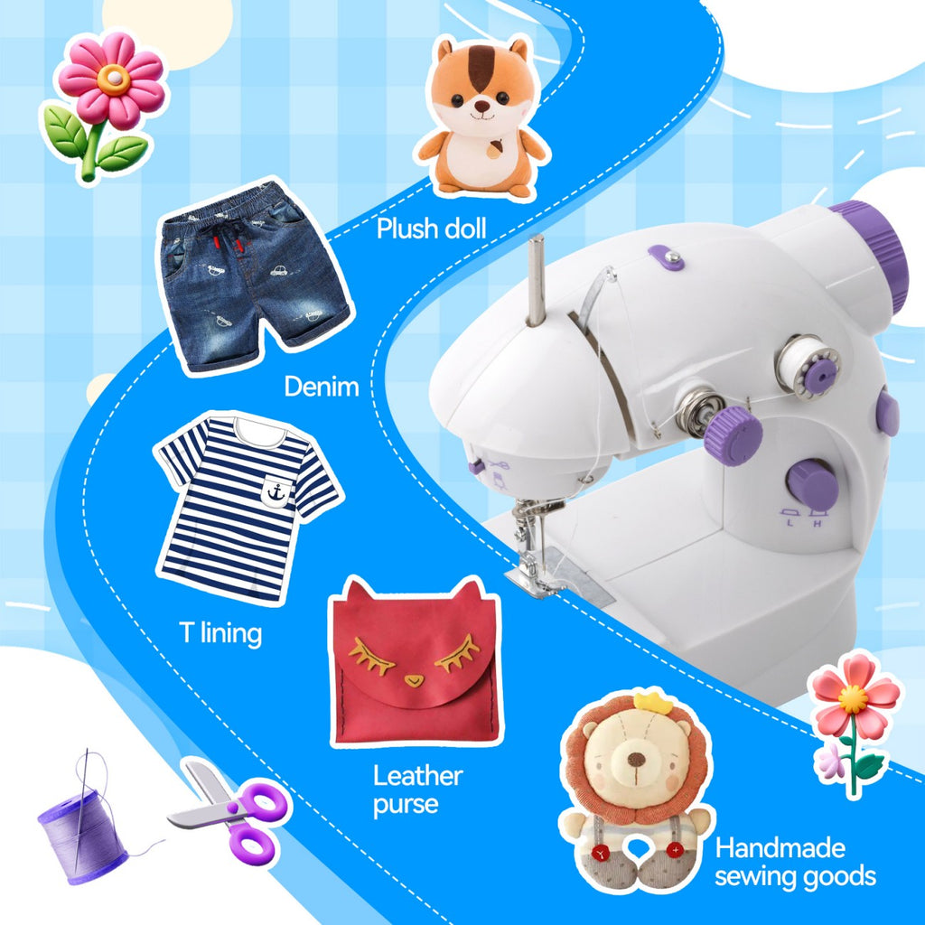 IAGREEA Electric sewing machine, portable, mechanical, convenient, 6V, 1A, 1 with thread shuttle core, 1 with empty shuttle core, 1 spare needle, and 1 threading device, can be plugged in and used with a battery of 4 AA, with pedal, for household use