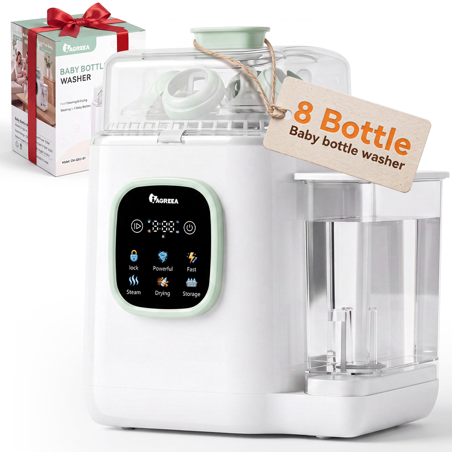 IAGREEA Baby Bottle Washer, 4-in-1 Cleaning Machine Fit 8 Bottles Pump Parts & Baby Essentials Cleaning/Storage/Dry, 30 Spray Holes, Visualized Water Tank, BPA Free, No Hand Washing Required