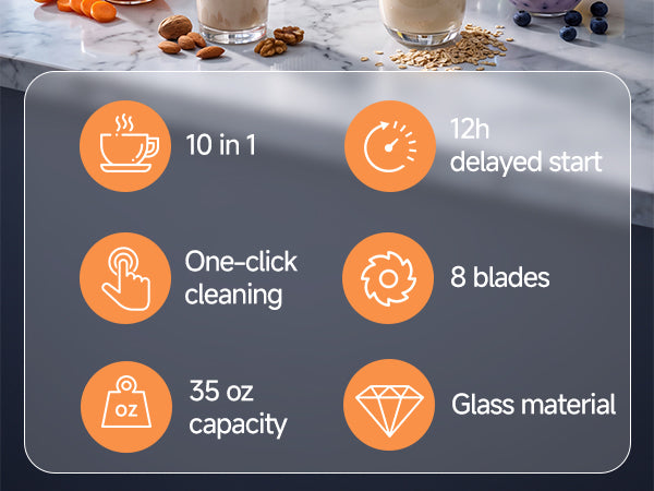 IAGREEA 35oz Glass Nut Milk Maker Machine, 10 in 1 Noise Reducing Soy Maker | 12H Delay, 6H Keep Warm, BPA-Free, Self-Cleaning, Soundproof Cover, 8 Blades, Almond/Oat Milk/Juice