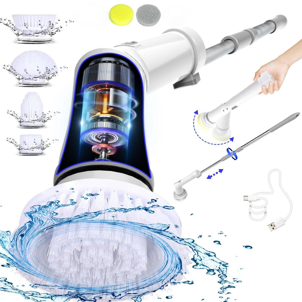 IAGREEA 6-Head Electric Spin Scrubber, Shower Brush, Extension Handle | cordless power scrubber, adjustable reach, two speed control, IPX7 waterproof, bathroom floor, tile grout, tub edges, shower