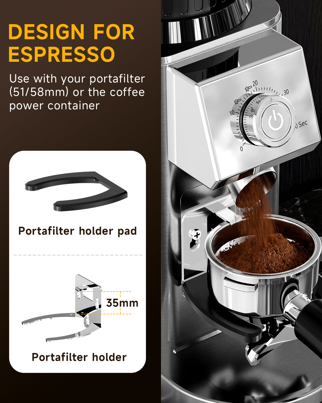 IAGREEA Coffee Grinder for Home Use, Conical Burr Espresso Grinder 48 Grind | 450RPM Low-Speed Anti-Static, Precision Timer For Drip, French Press, Cold Brew, No Mess, Metallic Silver