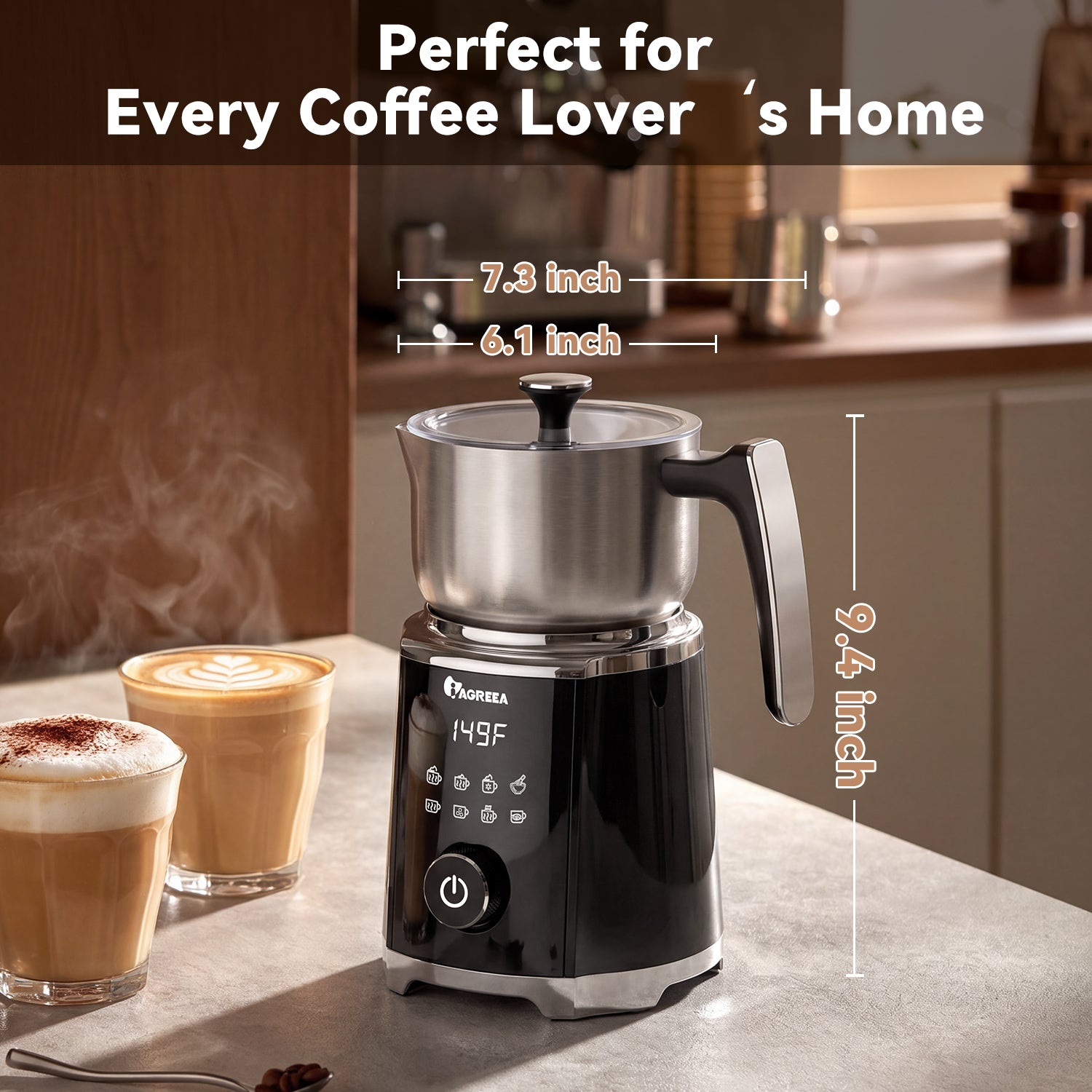 IAGREEA 8 in 1 Milk Frother and Steamer, Stainless Steel, Dishwasher Safe | Detachable Design, Dial Control, 600ml/600W, 3 Temps (113/131/149°F), Magnetic Drive Creates Thick Creamy
