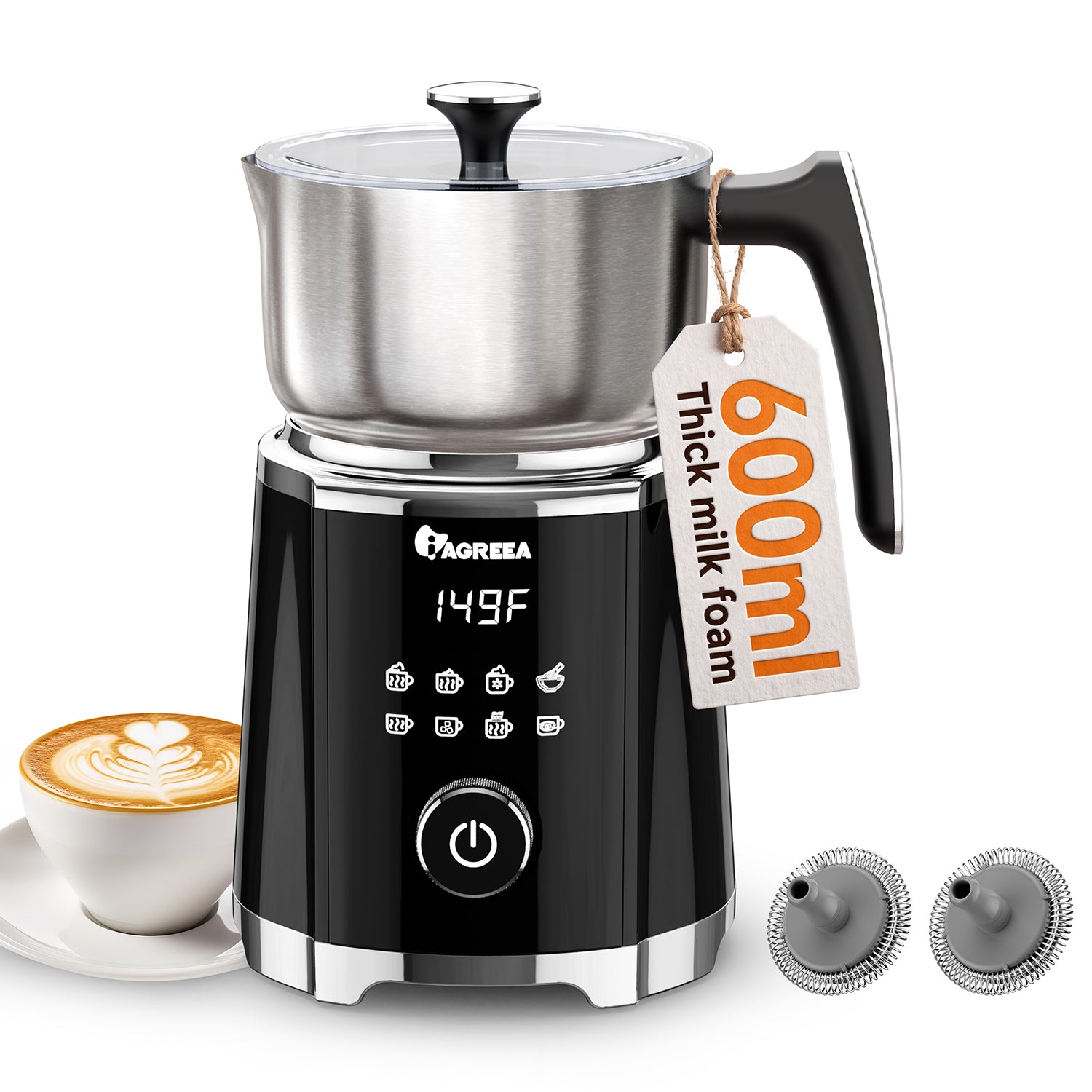 IAGREEA 8 in 1 Milk Frother and Steamer, Stainless Steel, Dishwasher Safe | Detachable Design, Dial Control, 600ml/600W, 3 Temps (113/131/149°F), Magnetic Drive Creates Thick Creamy