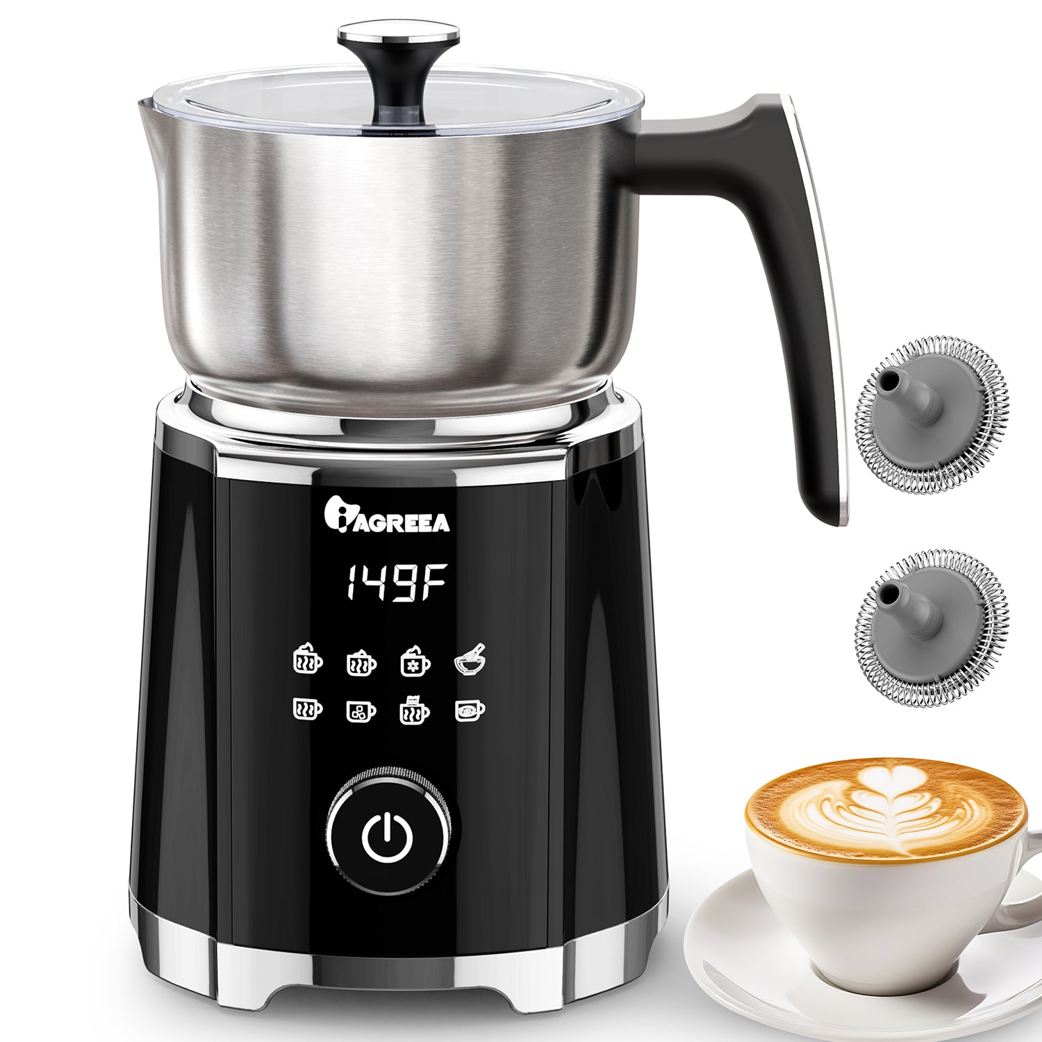 IAGREEA 8 in 1 Milk Frother and Steamer, Stainless Steel, Dishwasher Safe | Detachable Design, Dial Control, 600ml/600W, 3 Temps (113/131/149°F), Magnetic Drive Creates Thick Creamy