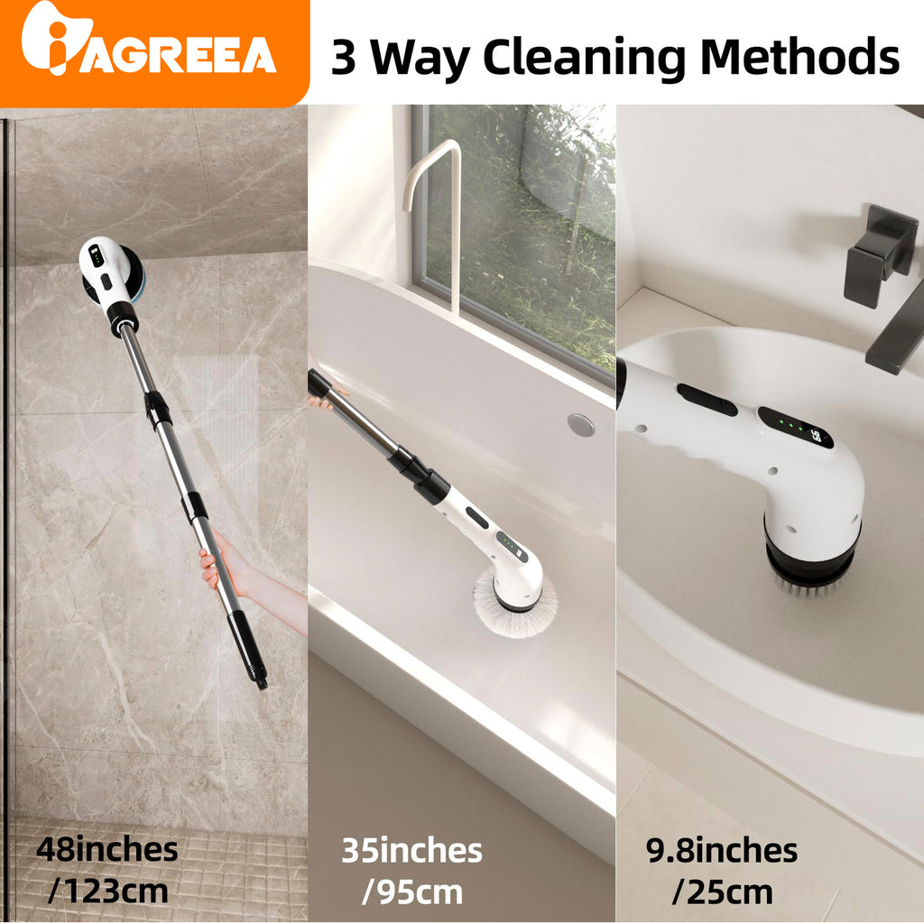 IAGREEA Electric Spin Scrubber- Ditch the Scrubbing! Long Handle Shower Scrubber with 9 Replaceable Heads - 2 Speed Cordless Brush Ensures Long Battery Life, Modern Design