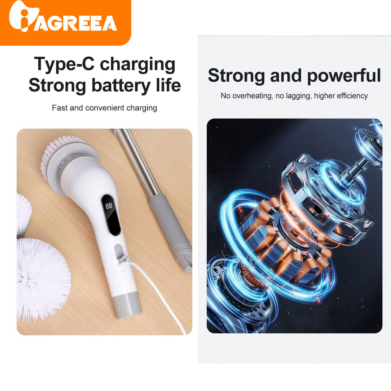 IAGREEA Electric Spin Scrubber- Ditch the Scrubbing! Long Handle Shower Scrubber with 9 Replaceable Heads - 2 Speed Cordless Brush Ensures Long Battery Life, Modern Design