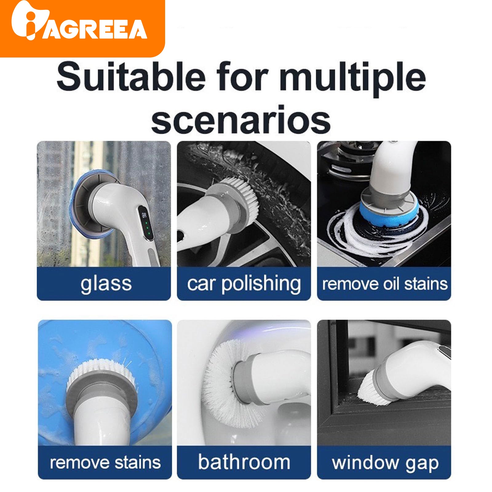 IAGREEA Electric Spin Scrubber- Ditch the Scrubbing! Long Handle Shower Scrubber with 9 Replaceable Heads - 2 Speed Cordless Brush Ensures Long Battery Life, Modern Design