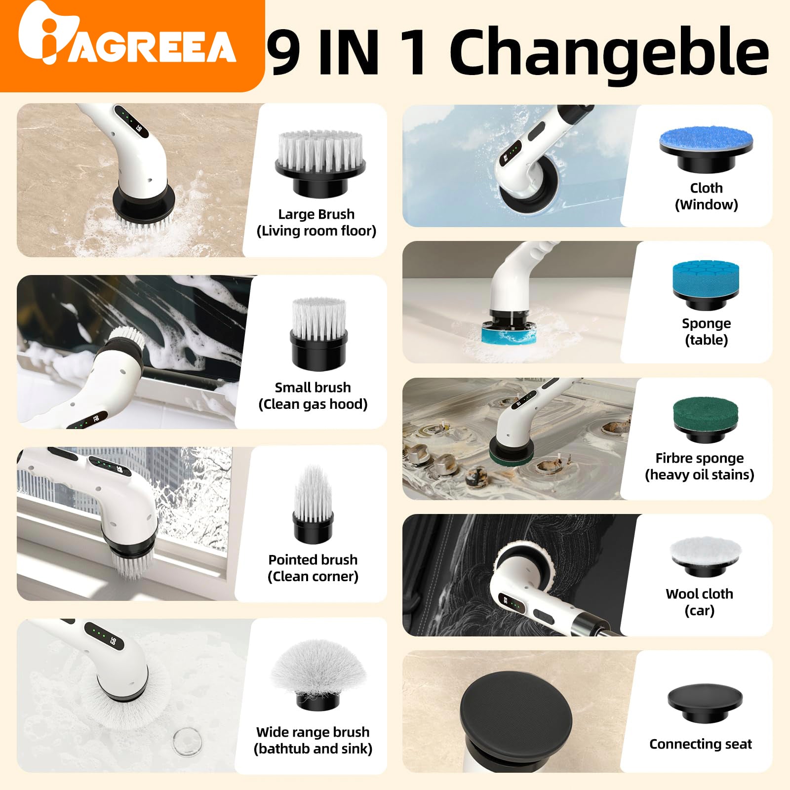 IAGREEA Electric Spin Scrubber- Ditch the Scrubbing! Long Handle Shower Scrubber with 9 Replaceable Heads - 2 Speed Cordless Brush Ensures Long Battery Life, Modern Design