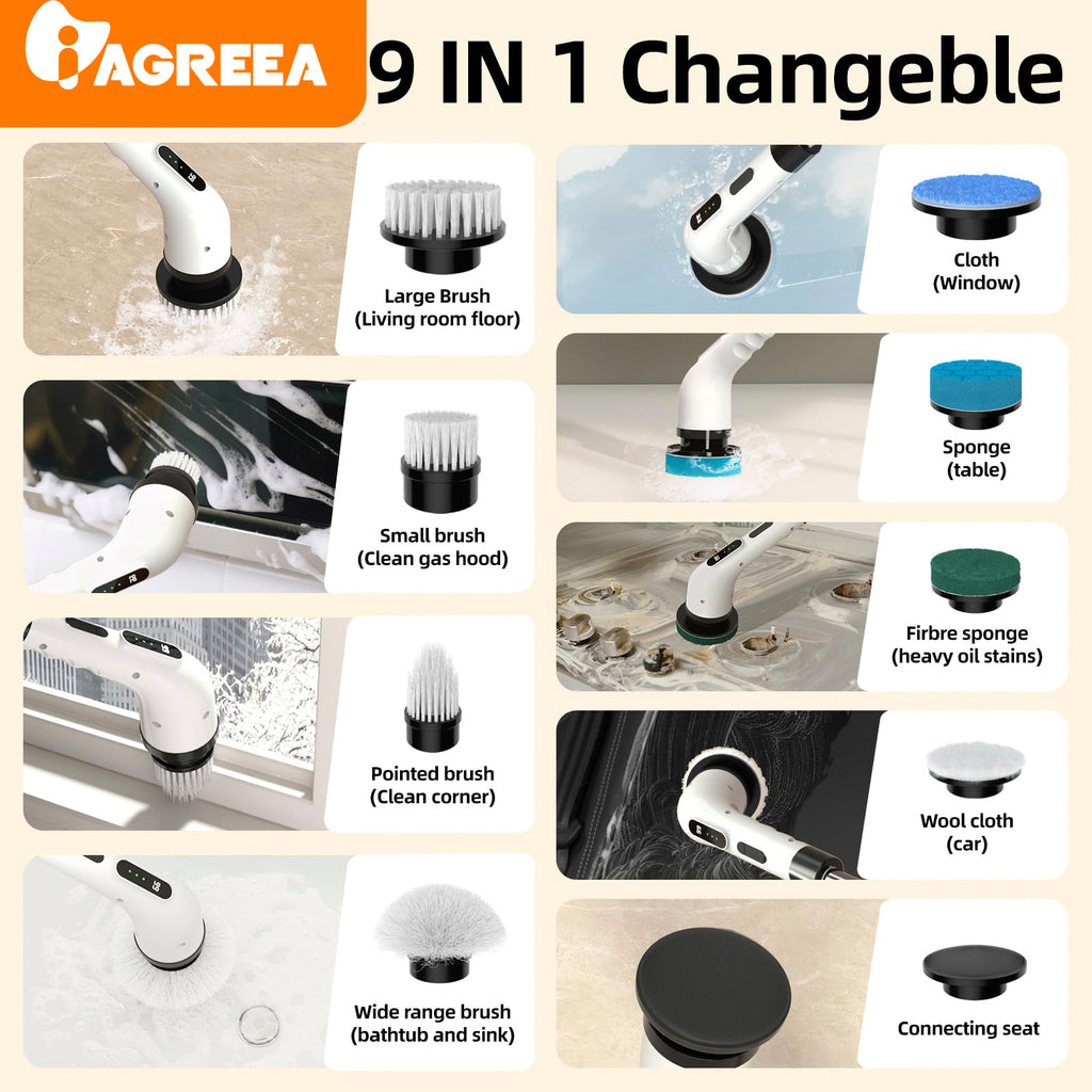 IAGREEA Electric Spin Scrubber for Bathroom,Power Cleaning Brush with 7 Replaceable Brush Heads, Adjustable Long Handle, Cordless Electric Shower Scrubber for Home, Floor, Kitchen & Car
