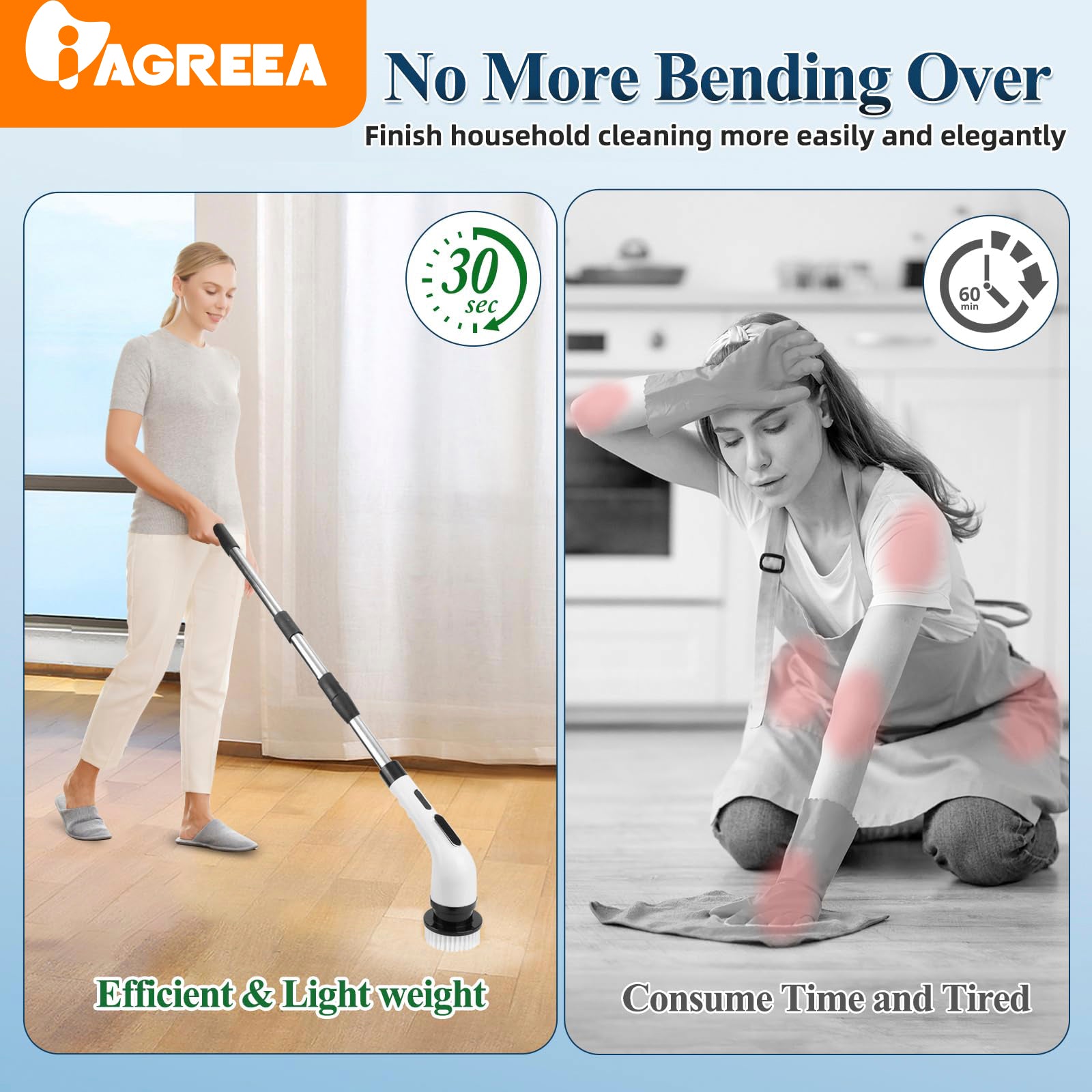IAGREEA Electric Spin Scrubber- Ditch the Scrubbing! Long Handle Shower Scrubber with 9 Replaceable Heads - 2 Speed Cordless Brush Ensures Long Battery Life, Modern Design
