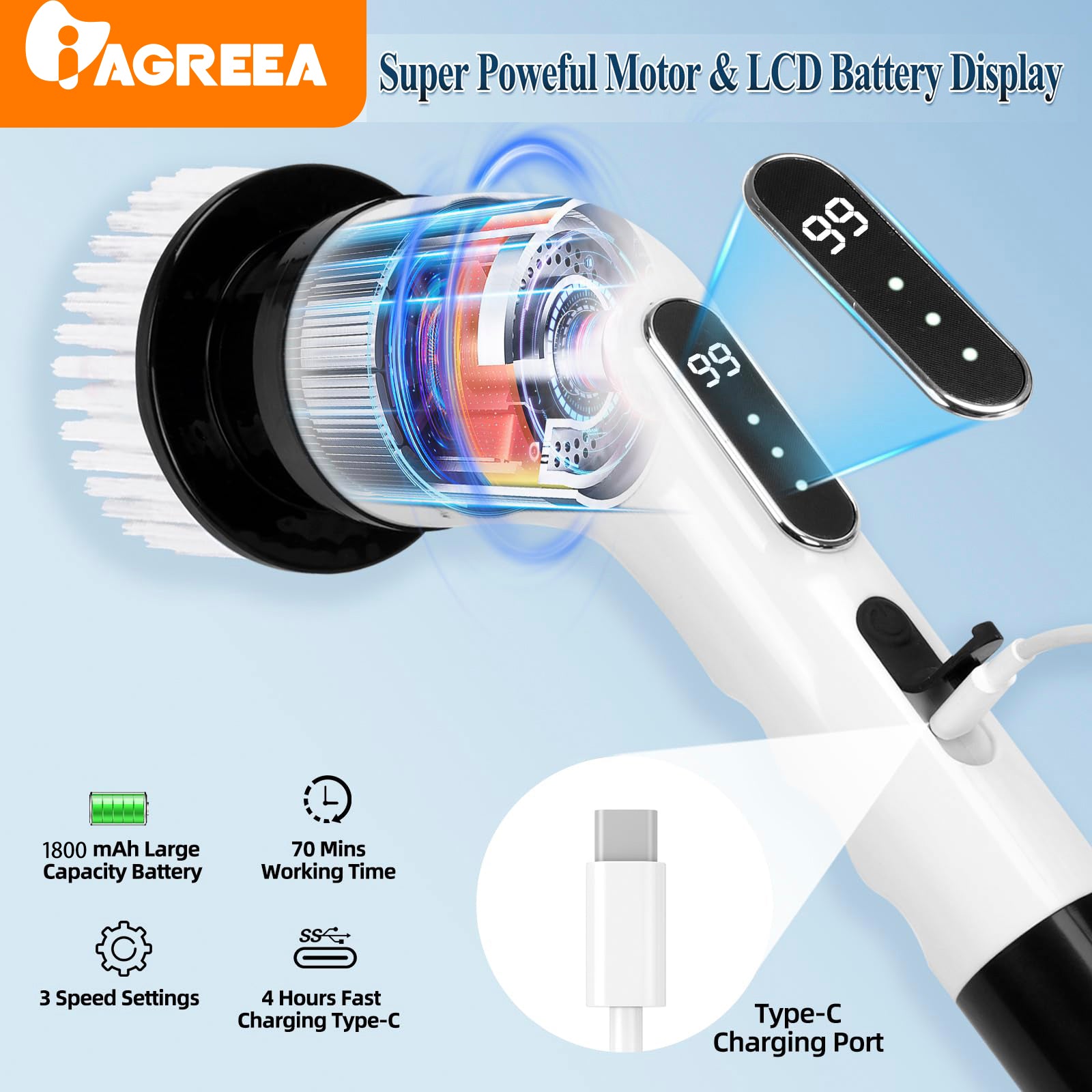 IAGREEA Electric Spin Scrubber- Ditch the Scrubbing! Long Handle Shower Scrubber with 9 Replaceable Heads - 2 Speed Cordless Brush Ensures Long Battery Life, Modern Design