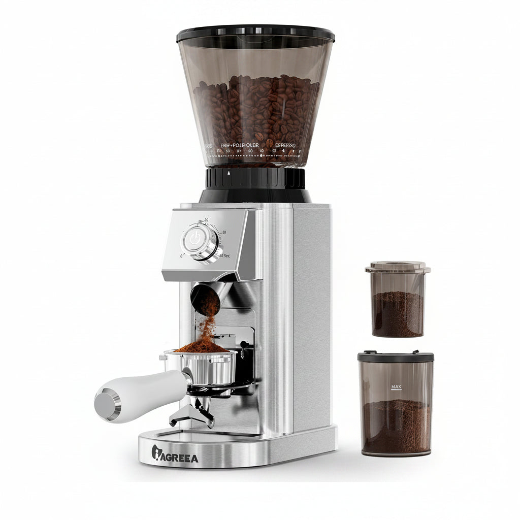 IAGREEA Coffee Grinder for Home Use, Conical Burr Espresso Grinder 48 Grind | 450RPM Low-Speed Anti-Static, Precision Timer For Drip, French Press, Cold Brew, No Mess, Metallic Silver