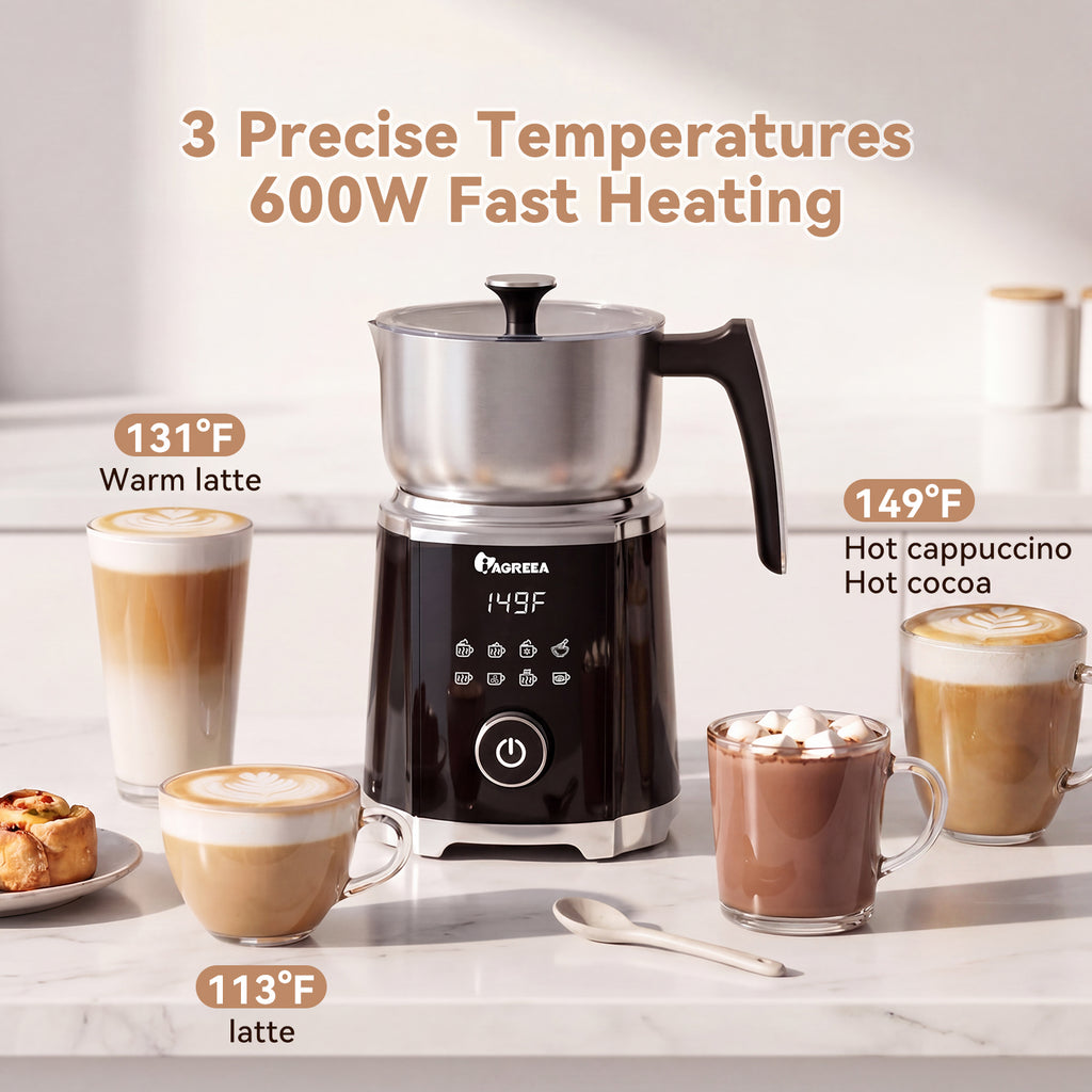 IAGREEA 8 in 1 Milk Frother and Steamer, Stainless Steel, Dishwasher Safe | Detachable Design, Dial Control, 600ml/600W, 3 Temps (113/131/149°F), Magnetic Drive Creates Thick Creamy