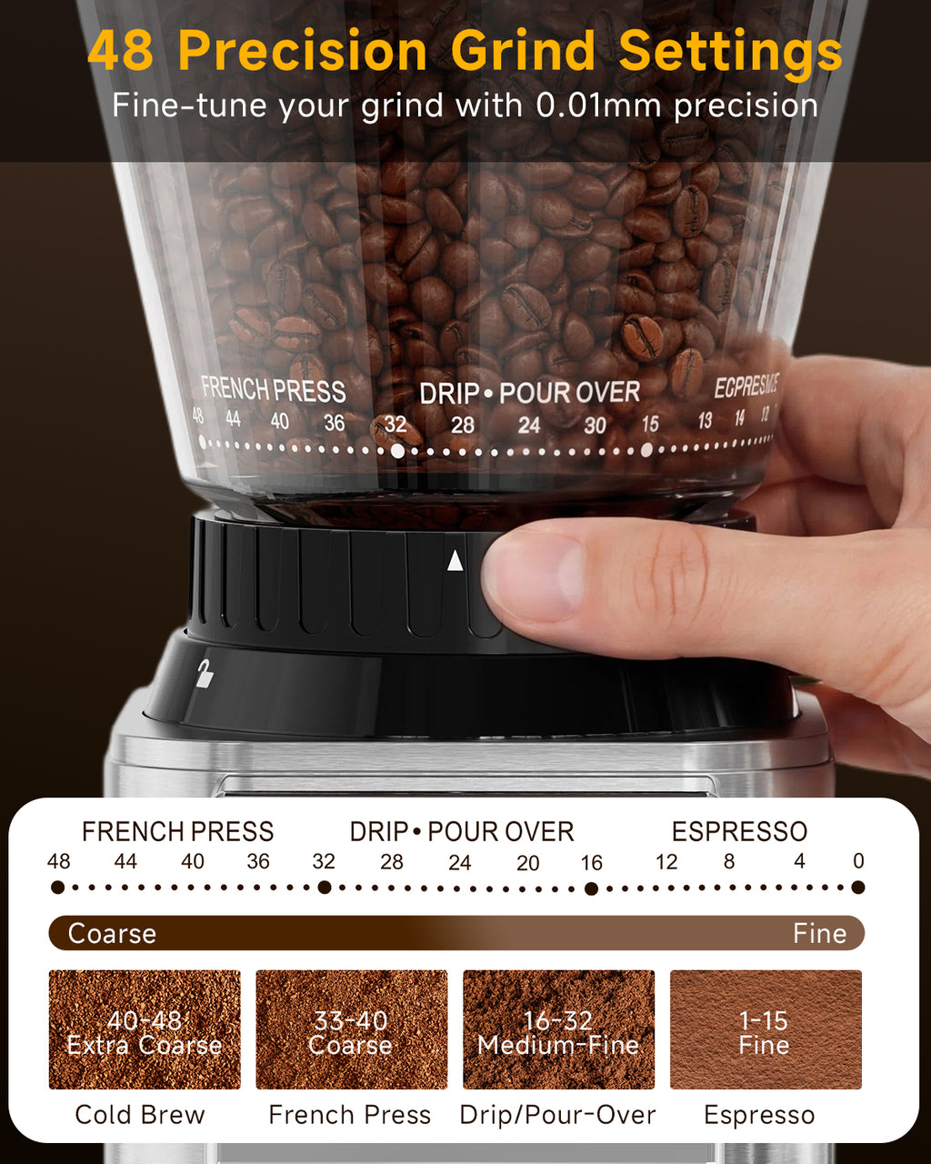 IAGREEA Coffee Grinder for Home Use, Conical Burr Espresso Grinder 48 Grind | 450RPM Low-Speed Anti-Static, Precision Timer For Drip, French Press, Cold Brew, No Mess, Metallic Silver