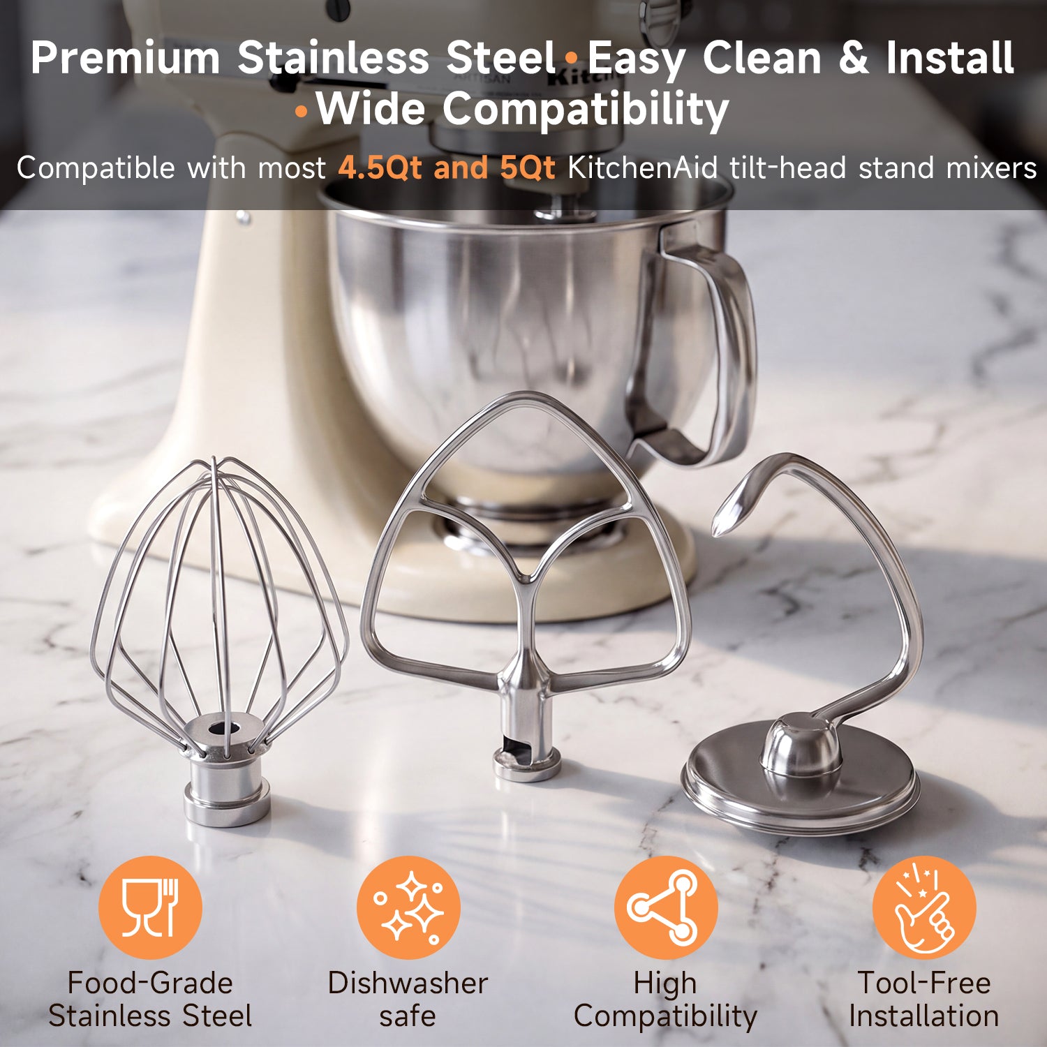 IAGREEA Stainless Steel 3 Pieces For Classic Attachments 4.5-5QT Tilt-Head Stand Mixers, K45WW Wire Whip/ K45DH Dough Hook /K45B Flat Beater for Mixer Accessories Replacement, Heavy Duty