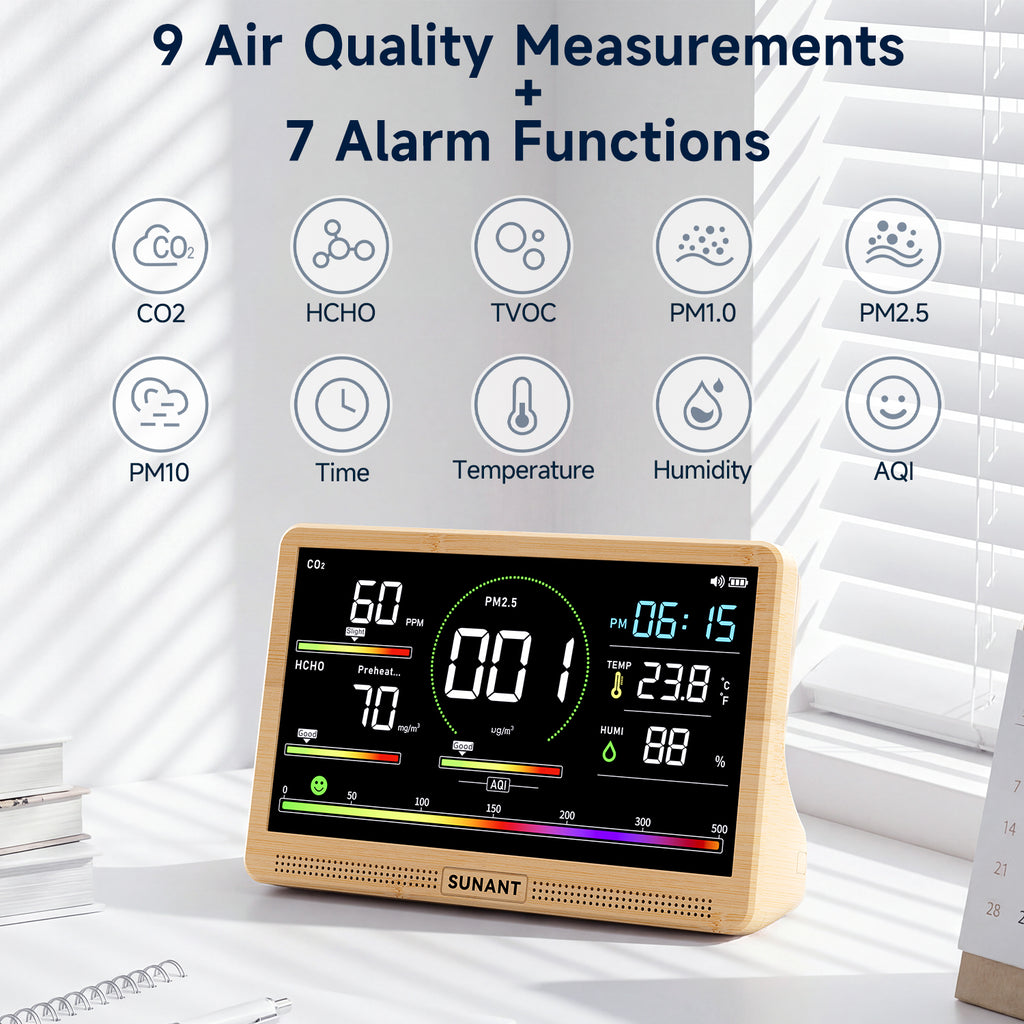 16-in-1 Indoor Air Quality Monitor, CO2 Monitor, PM2.5 PM1.0 PM10, TVOC, HCHO, Temperature & Humidity Meter, AQI Display, 2500mAh Rechargeable Battery, LED Screen for Home, Office & Car