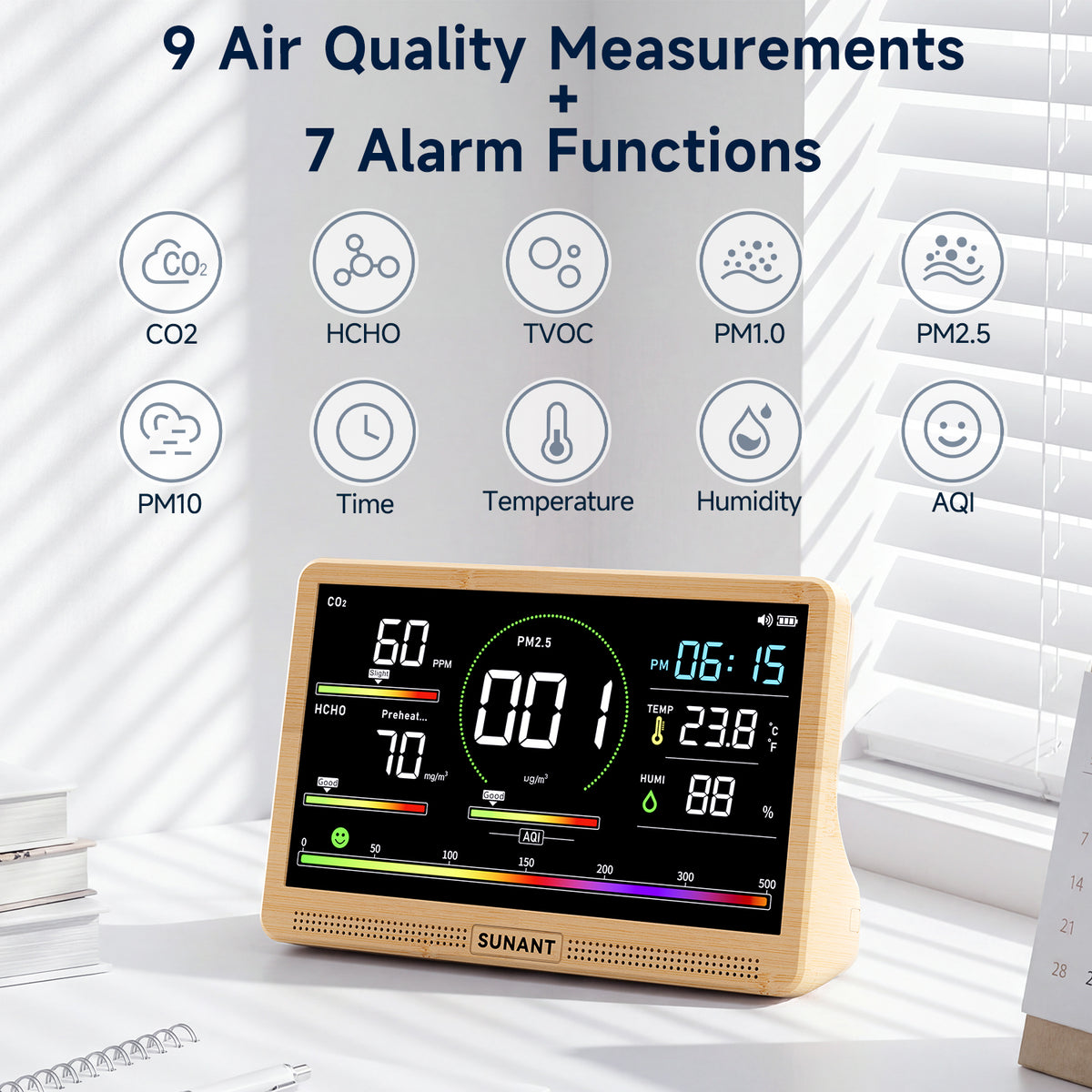 16-in-1 Indoor Air Quality Monitor, CO2 Monitor, PM2.5 PM1.0 PM10, TVOC, HCHO, Temperature & Humidity Meter, AQI Display, 2500mAh Rechargeable Battery, LED Screen for Home, Office & Car