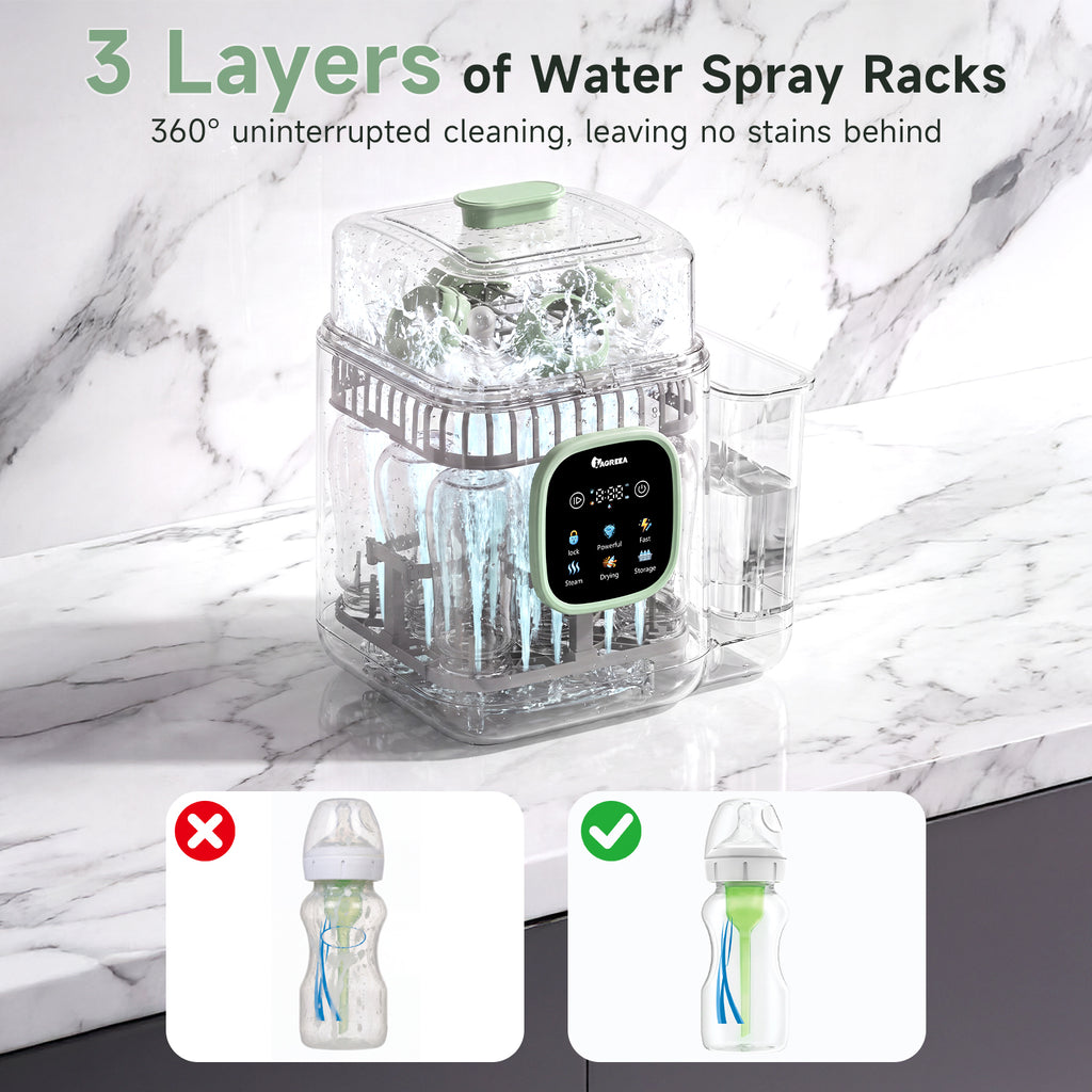 IAGREEA Baby Bottle Washer, 4-in-1 Cleaning Machine Fit 8 Bottles Pump Parts & Baby Essentials Cleaning/Storage/Dry, 30 Spray Holes, Visualized Water Tank, BPA Free, No Hand Washing Required