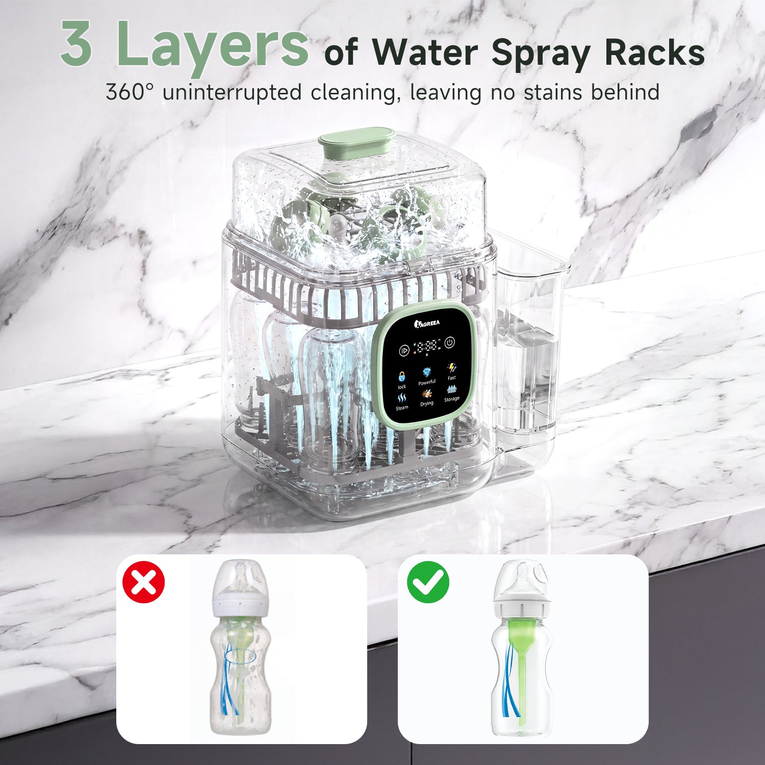 IAGREEA Baby Bottle Washer, 4-in-1 Cleaning Machine Fit 8 Bottles Pump Parts & Baby Essentials Cleaning/Storage/Dry, 30 Spray Holes, Visualized Water Tank, BPA Free, No Hand Washing Required