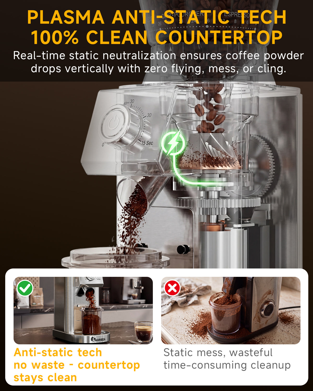 IAGREEA Coffee Grinder for Home Use, Conical Burr Espresso Grinder 48 Grind | 450RPM Low-Speed Anti-Static, Precision Timer For Drip, French Press, Cold Brew, No Mess, Metallic Silver