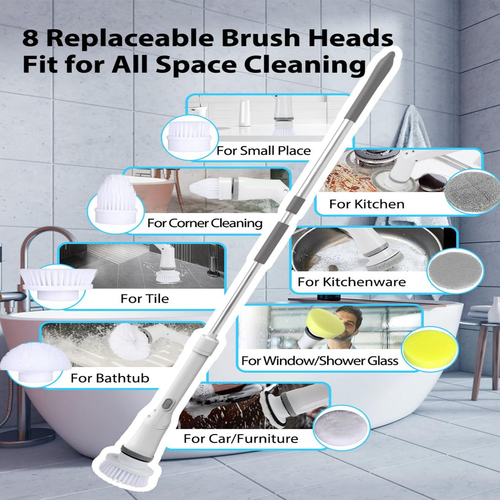IAGREEA 6-Head Electric Spin Scrubber, Shower Brush, Extension Handle | cordless power scrubber, adjustable reach, two speed control, IPX7 waterproof, bathroom floor, tile grout, tub edges, shower