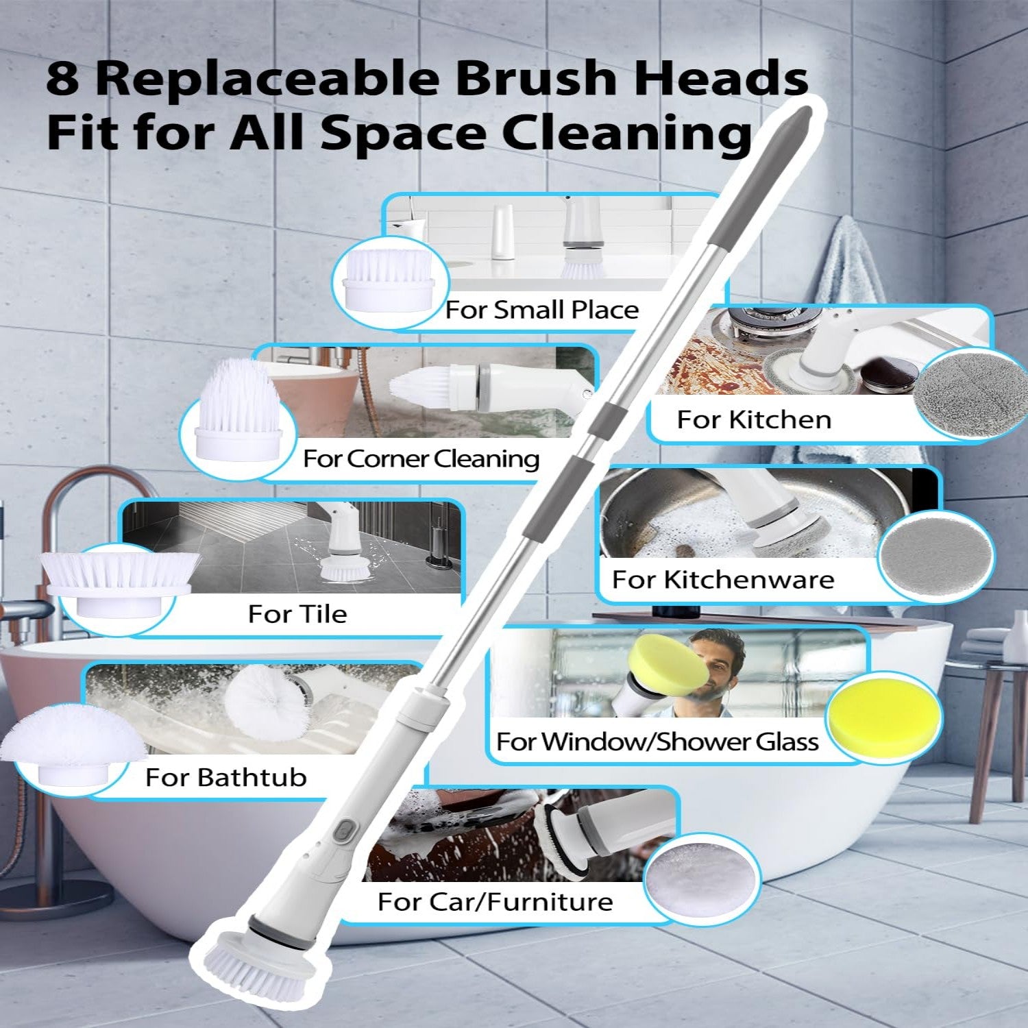 IAGREEA 6-Head Electric Spin Scrubber, Shower Brush, Extension Handle | cordless power scrubber, adjustable reach, two speed control, IPX7 waterproof, bathroom floor, tile grout, tub edges, shower