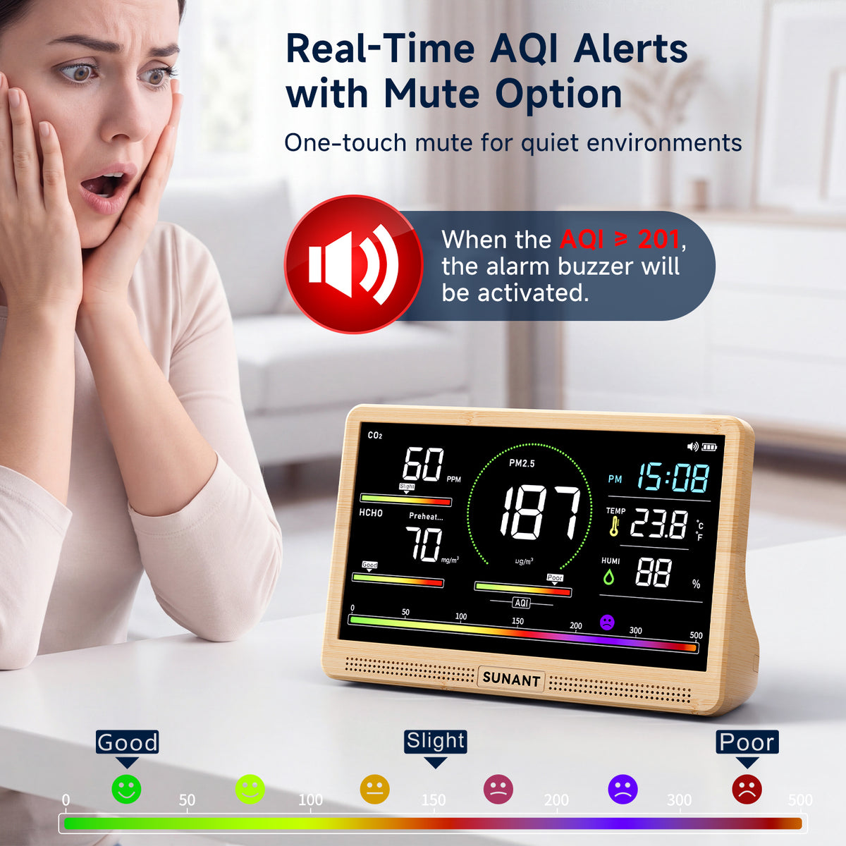 16-in-1 Indoor Air Quality Monitor, CO2 Monitor, PM2.5 PM1.0 PM10, TVOC, HCHO, Temperature & Humidity Meter, AQI Display, 2500mAh Rechargeable Battery, LED Screen for Home, Office & Car