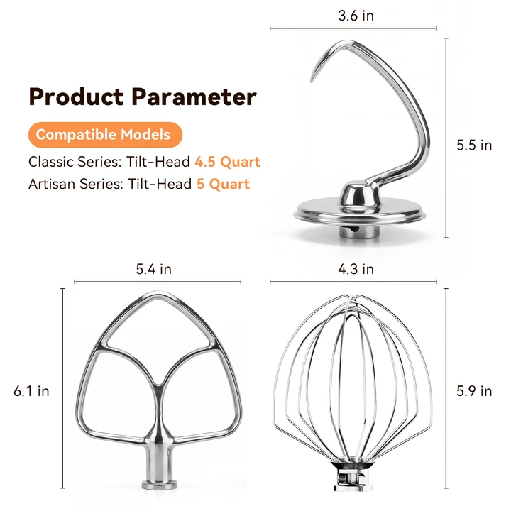 IAGREEA Stainless Steel 3 Pieces For Classic Attachments 4.5-5QT Tilt-Head Stand Mixers, K45WW Wire Whip/ K45DH Dough Hook /K45B Flat Beater for Mixer Accessories Replacement, Heavy Duty
