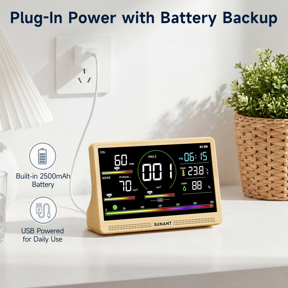 16-in-1 Indoor Air Quality Monitor, CO2 Monitor, PM2.5 PM1.0 PM10, TVOC, HCHO, Temperature & Humidity Meter, AQI Display, 2500mAh Rechargeable Battery, LED Screen for Home, Office & Car