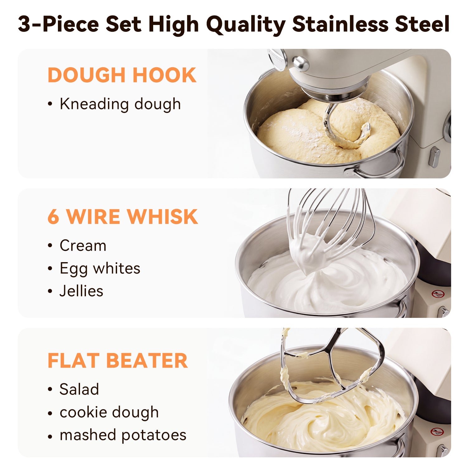 IAGREEA Stainless Steel 3 Pieces For Classic Attachments 4.5-5QT Tilt-Head Stand Mixers, K45WW Wire Whip/ K45DH Dough Hook /K45B Flat Beater for Mixer Accessories Replacement, Heavy Duty