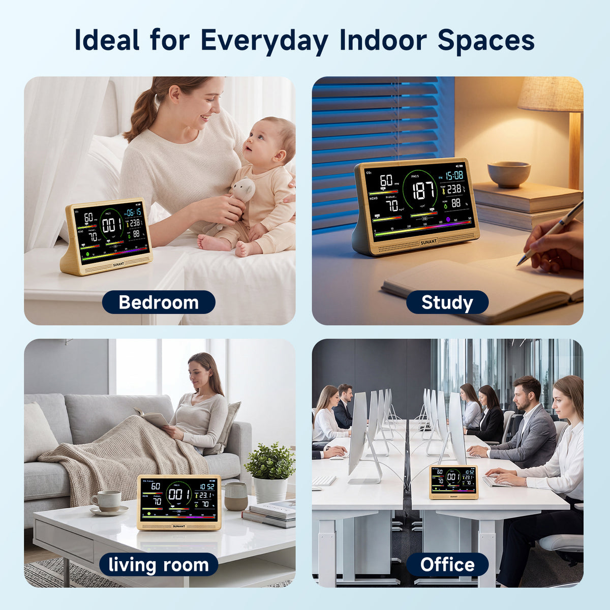16-in-1 Indoor Air Quality Monitor, CO2 Monitor, PM2.5 PM1.0 PM10, TVOC, HCHO, Temperature & Humidity Meter, AQI Display, 2500mAh Rechargeable Battery, LED Screen for Home, Office & Car