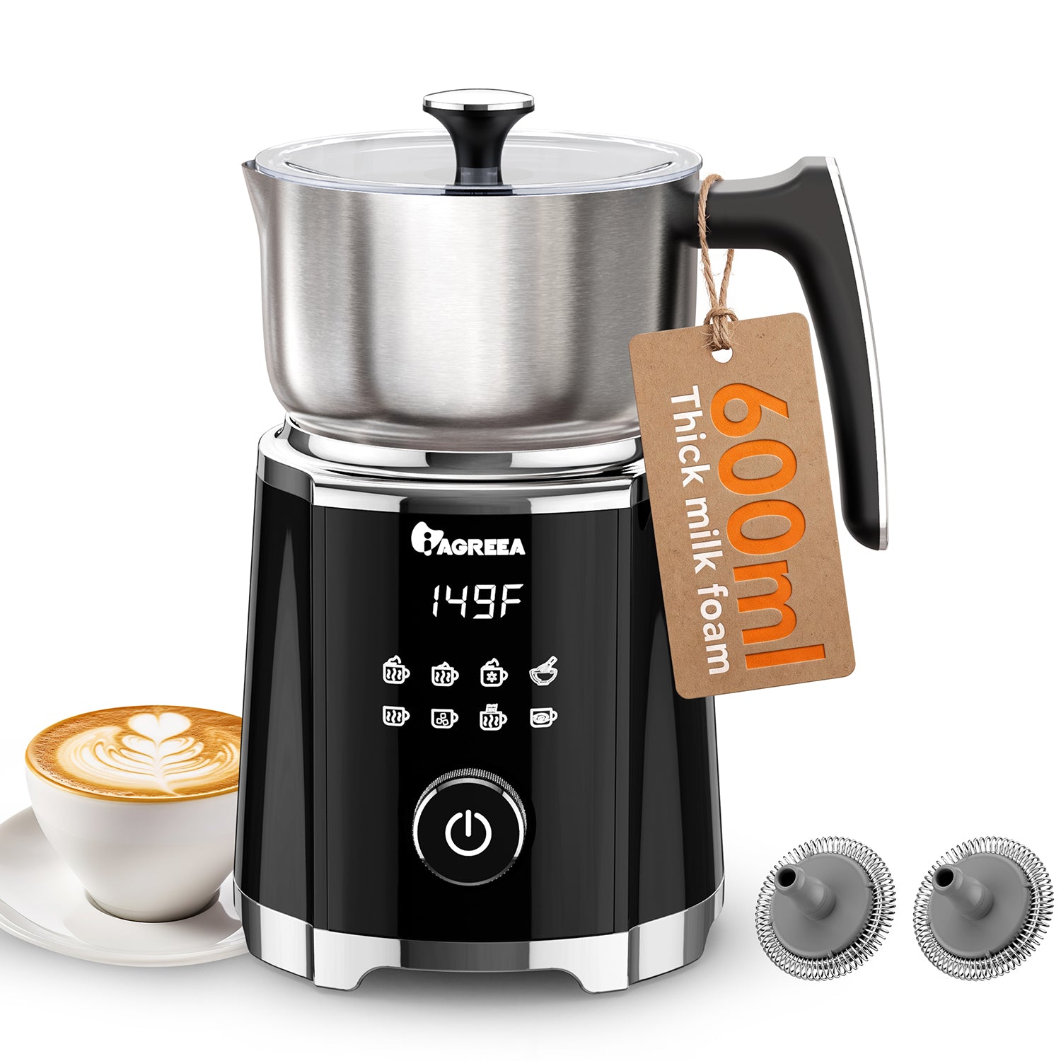 IAGREEA 8 in 1 Milk Frother and Steamer, Stainless Steel, Dishwasher Safe | Detachable Design, Dial Control, 600ml/600W, 3 Temps (113/131/149°F), Magnetic Drive Creates Thick Creamy