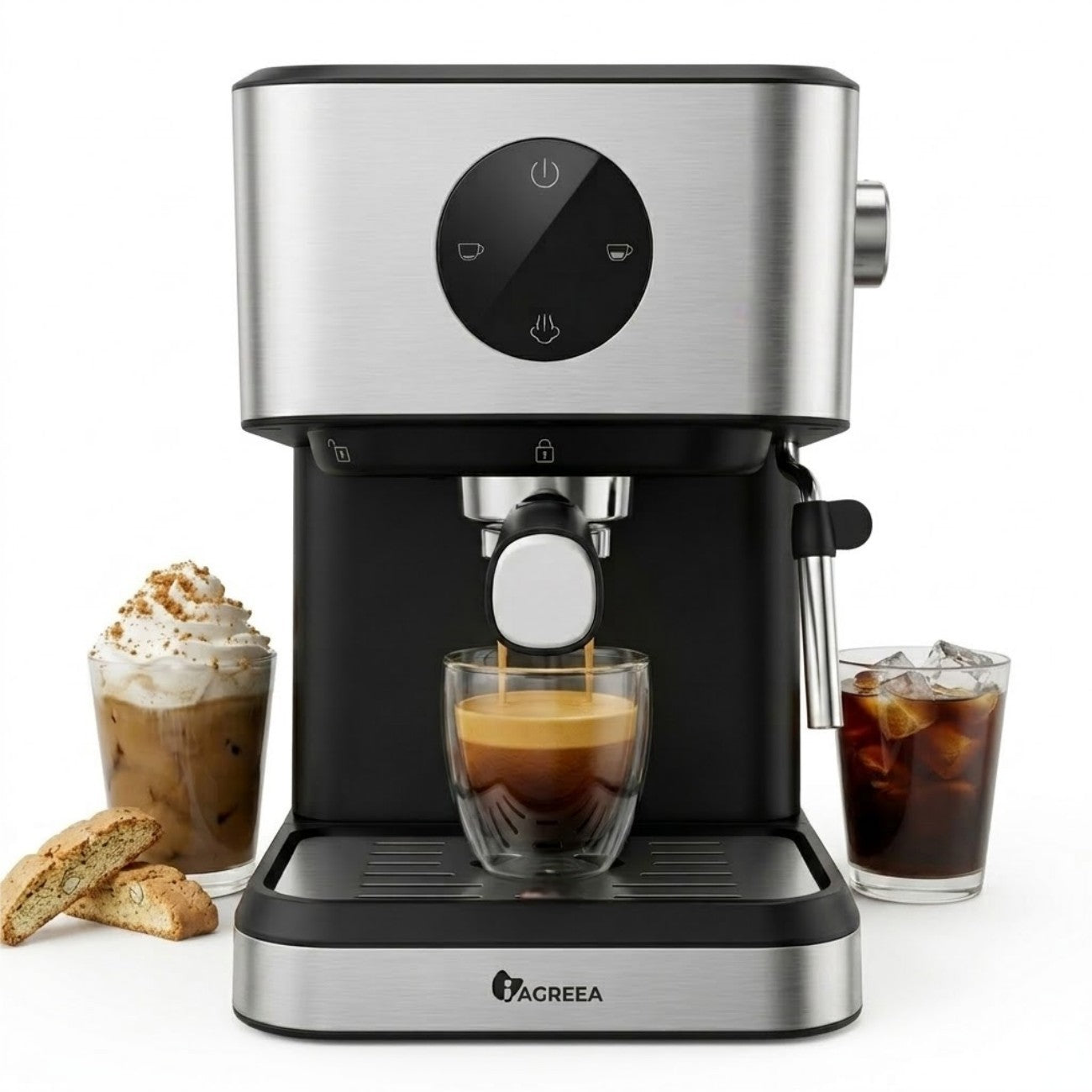 IAGREEA Espresso Coffee Machine with Milk Frother Steam Wand - Semi-Automatic, Silver, 20 Bar Pressure, 1.5L Water Capacity - CM3050-2