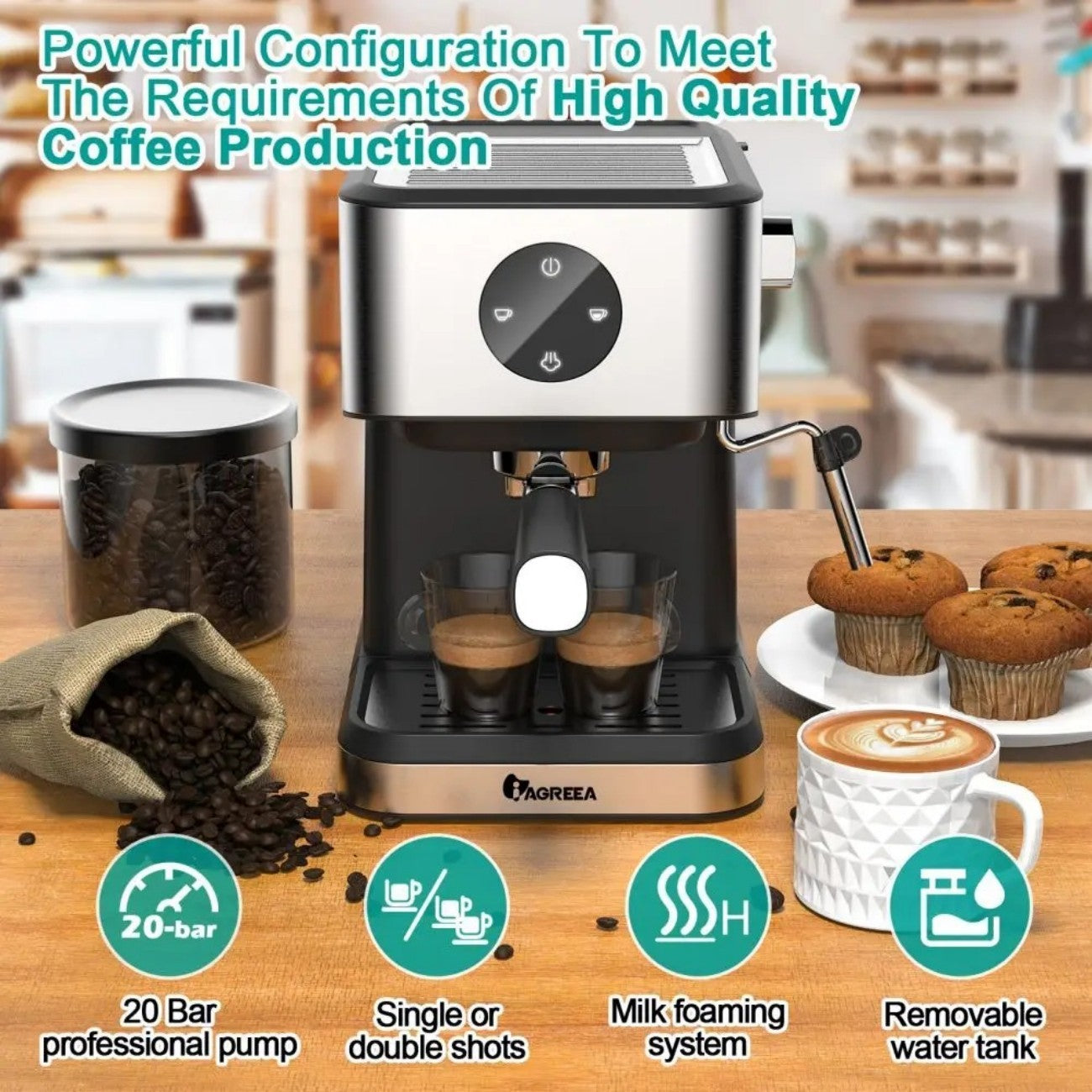 IAGREEA Espresso Coffee Machine with Milk Frother Steam Wand - Semi-Automatic, Silver, 20 Bar Pressure, 1.5L Water Capacity - CM3050-2