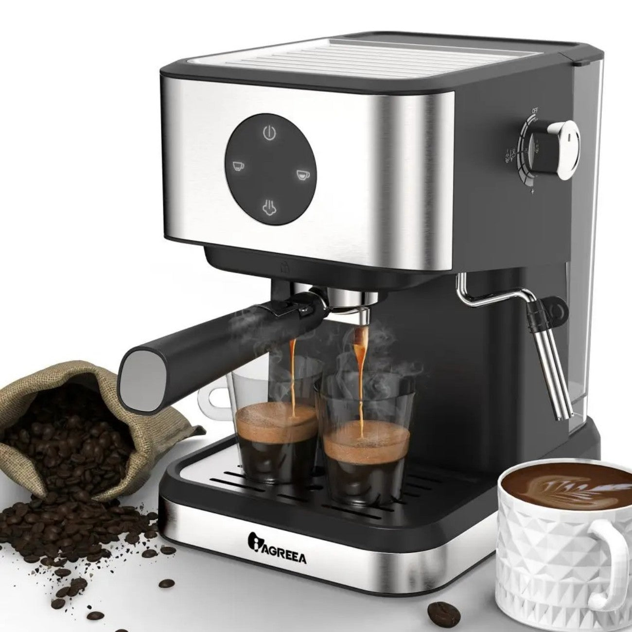IAGREEA Espresso Coffee Machine with Milk Frother Steam Wand - Semi-Automatic, Silver, 20 Bar Pressure, 1.5L Water Capacity - CM3050-2