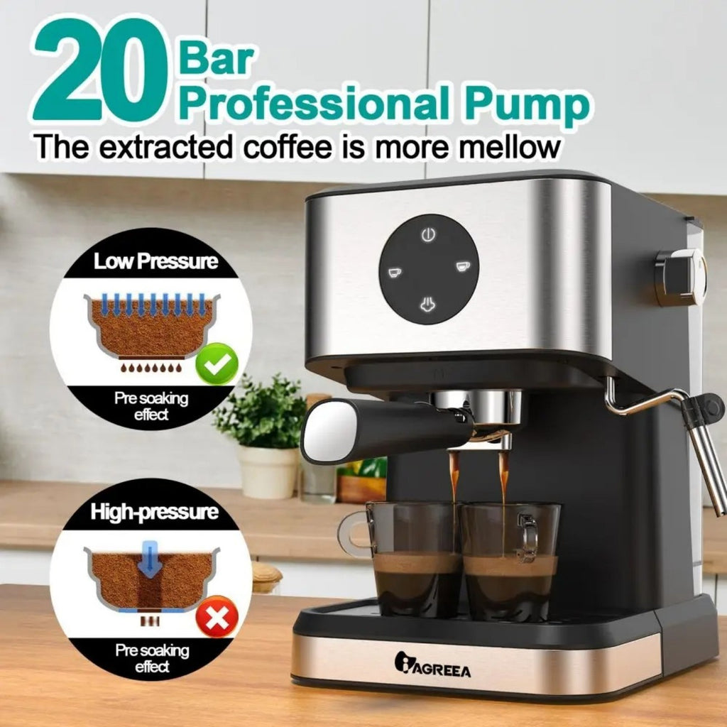 IAGREEA Espresso Coffee Machine with Milk Frother Steam Wand - Semi-Automatic, Silver, 20 Bar Pressure, 1.5L Water Capacity - CM3050-2