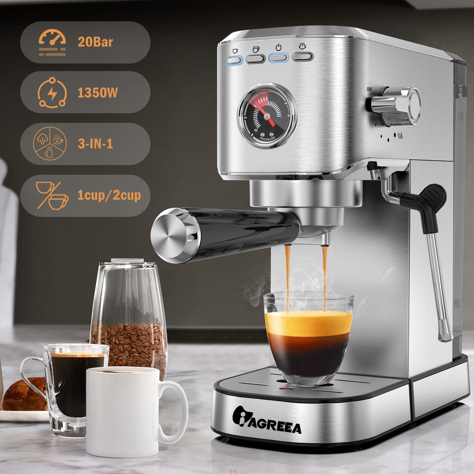 IAGREEA 20Bar Professional Espresso Machine with Pressure Gauge, Steam Wand & Cup Warmer Tray, Single/Double Shot Coffee Maker, 1.1L Removable Water Tank, Stainless Steel Compact Coffee Machine for Home Latte Cappuccino Americano