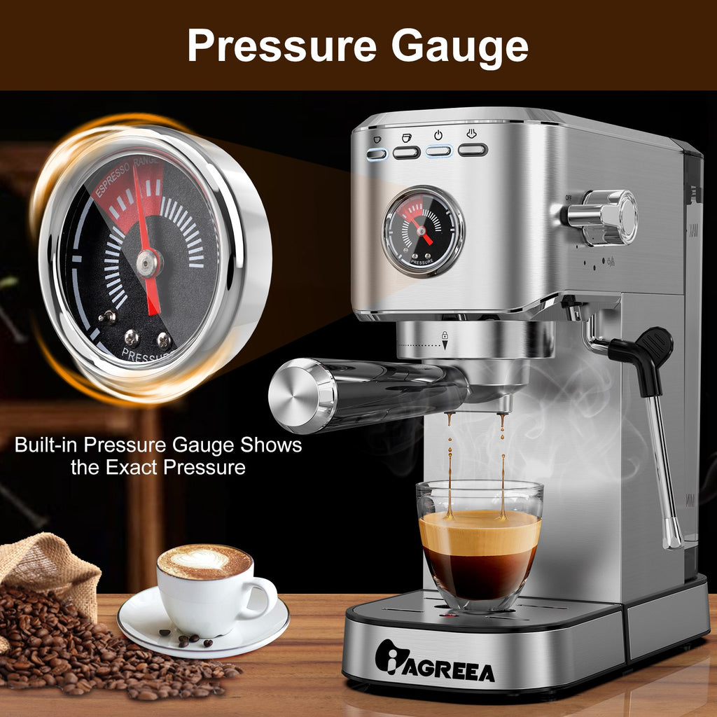 IAGREEA 20Bar Professional Espresso Machine with Pressure Gauge, Steam Wand & Cup Warmer Tray, Single/Double Shot Coffee Maker, 1.1L Removable Water Tank, Stainless Steel Compact Coffee Machine for Home Latte Cappuccino Americano