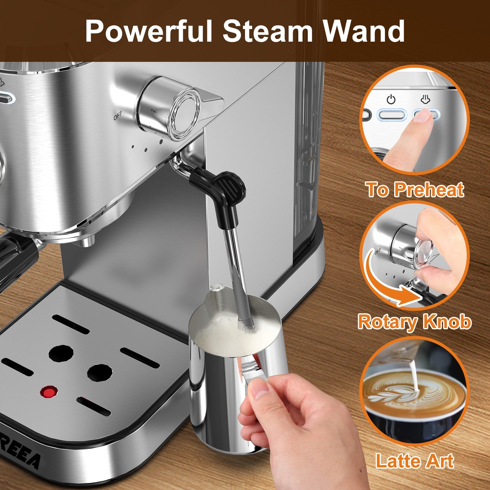 IAGREEA 20Bar Professional Espresso Machine with Pressure Gauge, Steam Wand & Cup Warmer Tray, Single/Double Shot Coffee Maker, 1.1L Removable Water Tank, Stainless Steel Compact Coffee Machine for Home Latte Cappuccino Americano