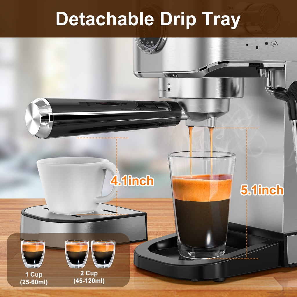 IAGREEA 20Bar Professional Espresso Machine with Pressure Gauge, Steam Wand & Cup Warmer Tray, Single/Double Shot Coffee Maker, 1.1L Removable Water Tank, Stainless Steel Compact Coffee Machine for Home Latte Cappuccino Americano