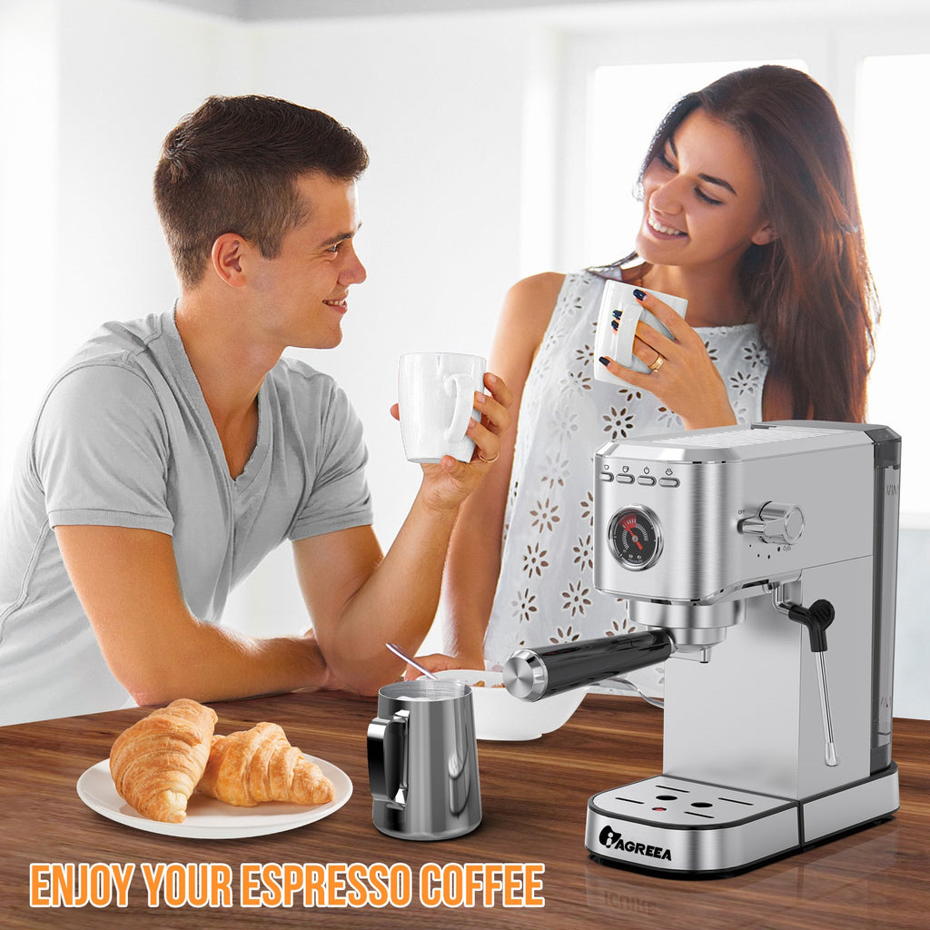 IAGREEA 20Bar Professional Espresso Machine with Pressure Gauge, Steam Wand & Cup Warmer Tray, Single/Double Shot Coffee Maker, 1.1L Removable Water Tank, Stainless Steel Compact Coffee Machine for Home Latte Cappuccino Americano