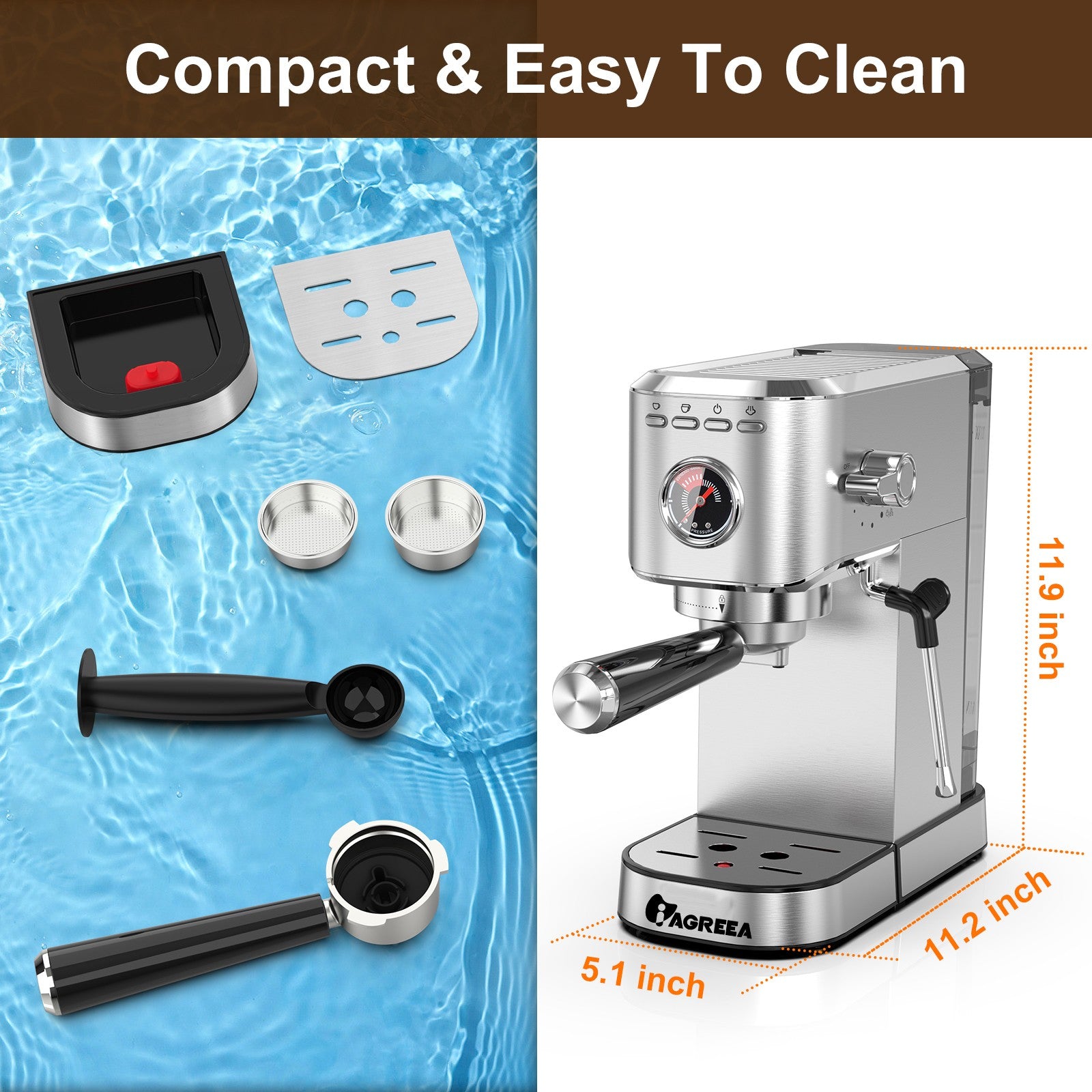 IAGREEA 20Bar Professional Espresso Machine with Pressure Gauge, Steam Wand & Cup Warmer Tray, Single/Double Shot Coffee Maker, 1.1L Removable Water Tank, Stainless Steel Compact Coffee Machine for Home Latte Cappuccino Americano