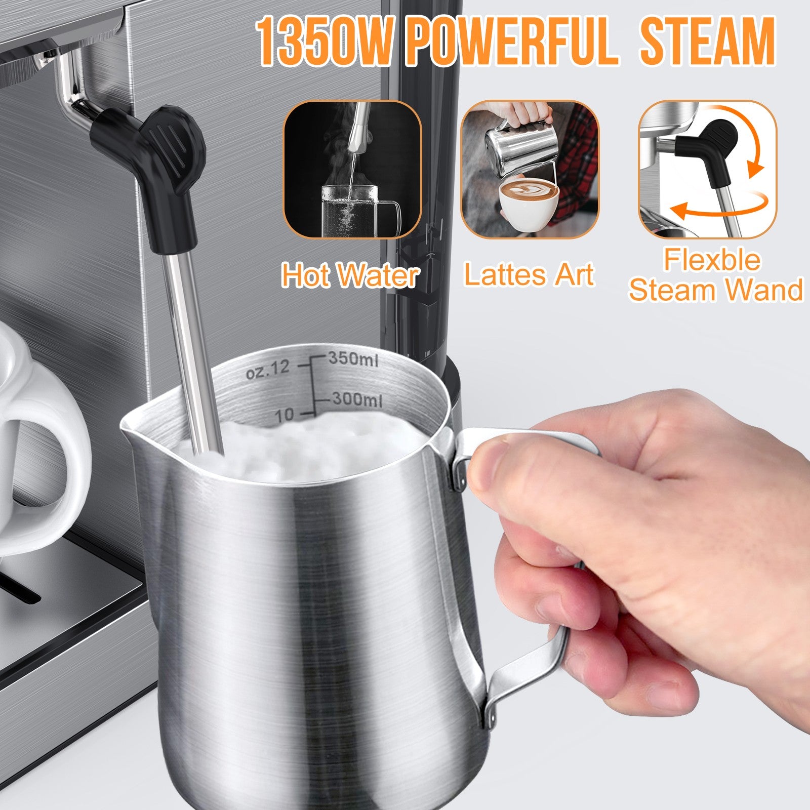 IAGREEA 20Bar Professional Espresso Machine with Pressure Gauge, Steam Wand & Cup Warmer Tray, Single/Double Shot Coffee Maker, 1.1L Removable Water Tank, Stainless Steel Compact Coffee Machine for Home Latte Cappuccino Americano