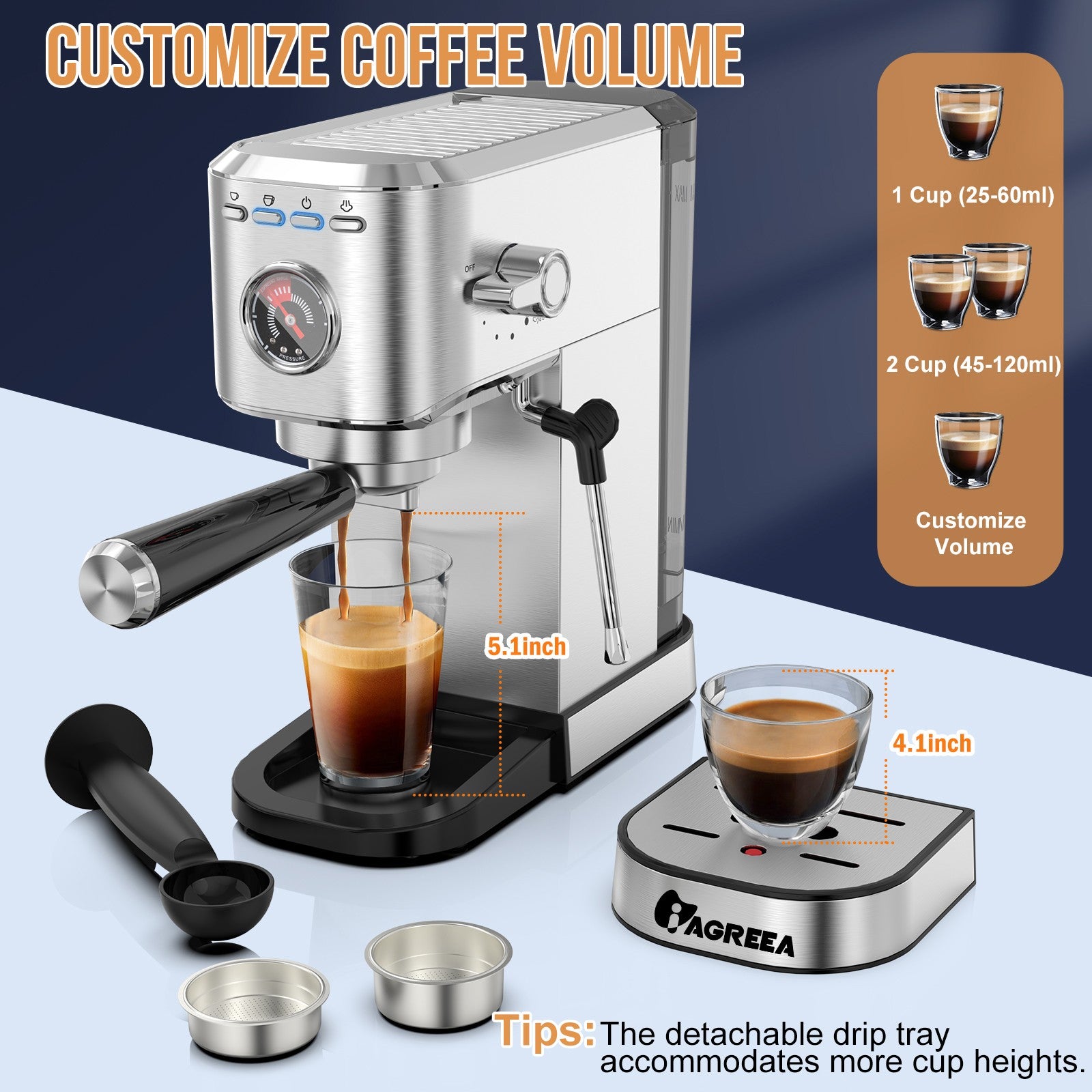IAGREEA 20Bar Professional Espresso Machine with Pressure Gauge, Steam Wand & Cup Warmer Tray, Single/Double Shot Coffee Maker, 1.1L Removable Water Tank, Stainless Steel Compact Coffee Machine for Home Latte Cappuccino Americano
